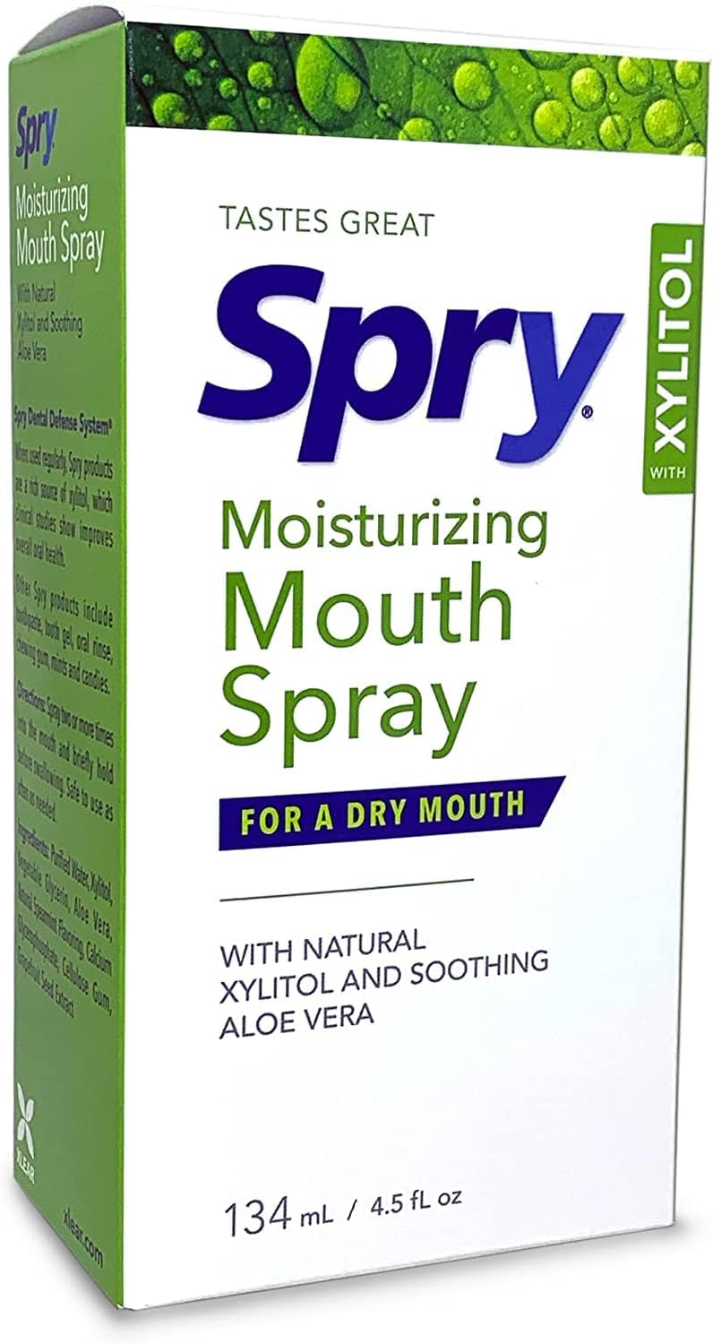 Spry Natural Xylitol Moisturizing Dry Mouth Spray, Stop Bad Breath, Increase Saliva Production, Non-GMO, Gluten-Free On The Go Oral Care with Spearmint Flavor, 4.5 fl.oz (Pack of 2)