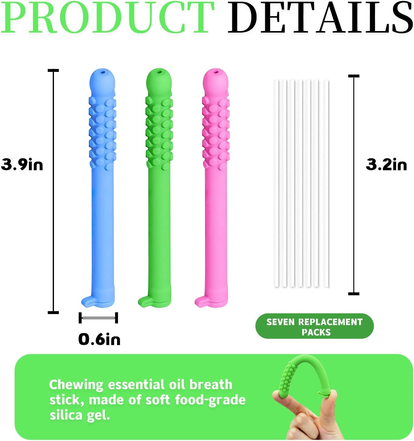 Chewable Essential Oil Breath Stick,AromaticChewable Sticks with Essential Oil, Reusable Food-Grade Silicone Stress Relief Tool with 12 Replacement Cores(3pcs) - Image 6