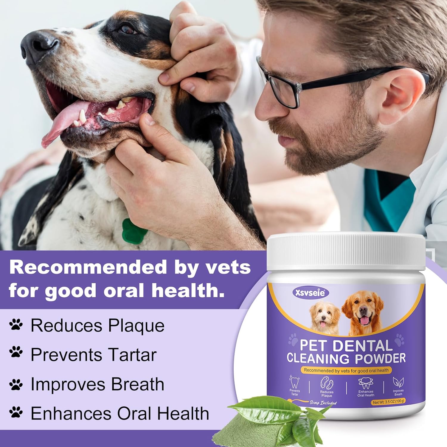Dog Dental Powder, Dog Breath Freshener, Dog Teeth Cleaning, Plaque & Bad Breath Off, Teeth Cleaning Made Easy, Green Tea Flavor
