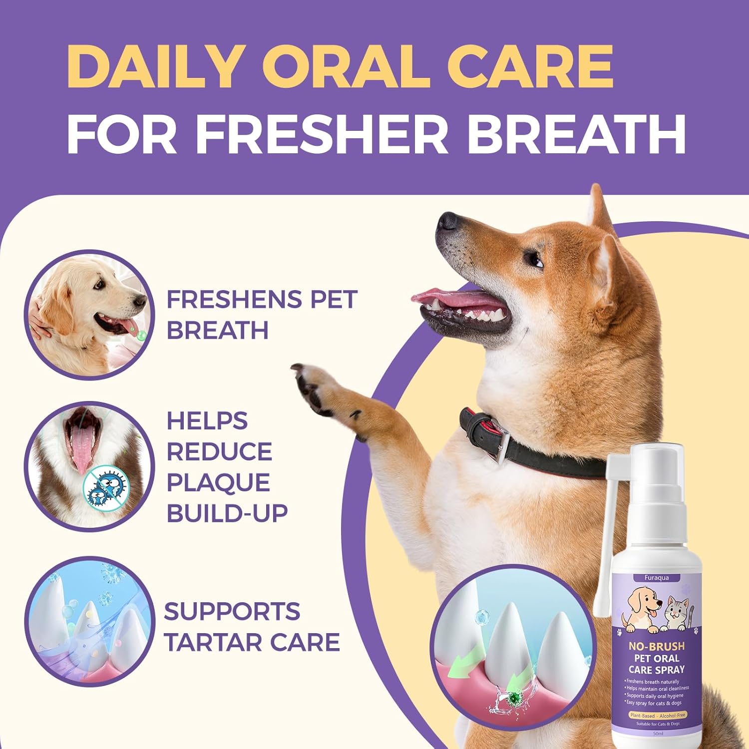 Furaqua Pet Dental Spray, Cleaning Spray for Dogs Teeth, Pet Breath Freshener u2013 Dog Oral Care & Cat Teeth Cleaning - Targets Bad Breath, Plaque & Tartar - No Brushing(1)