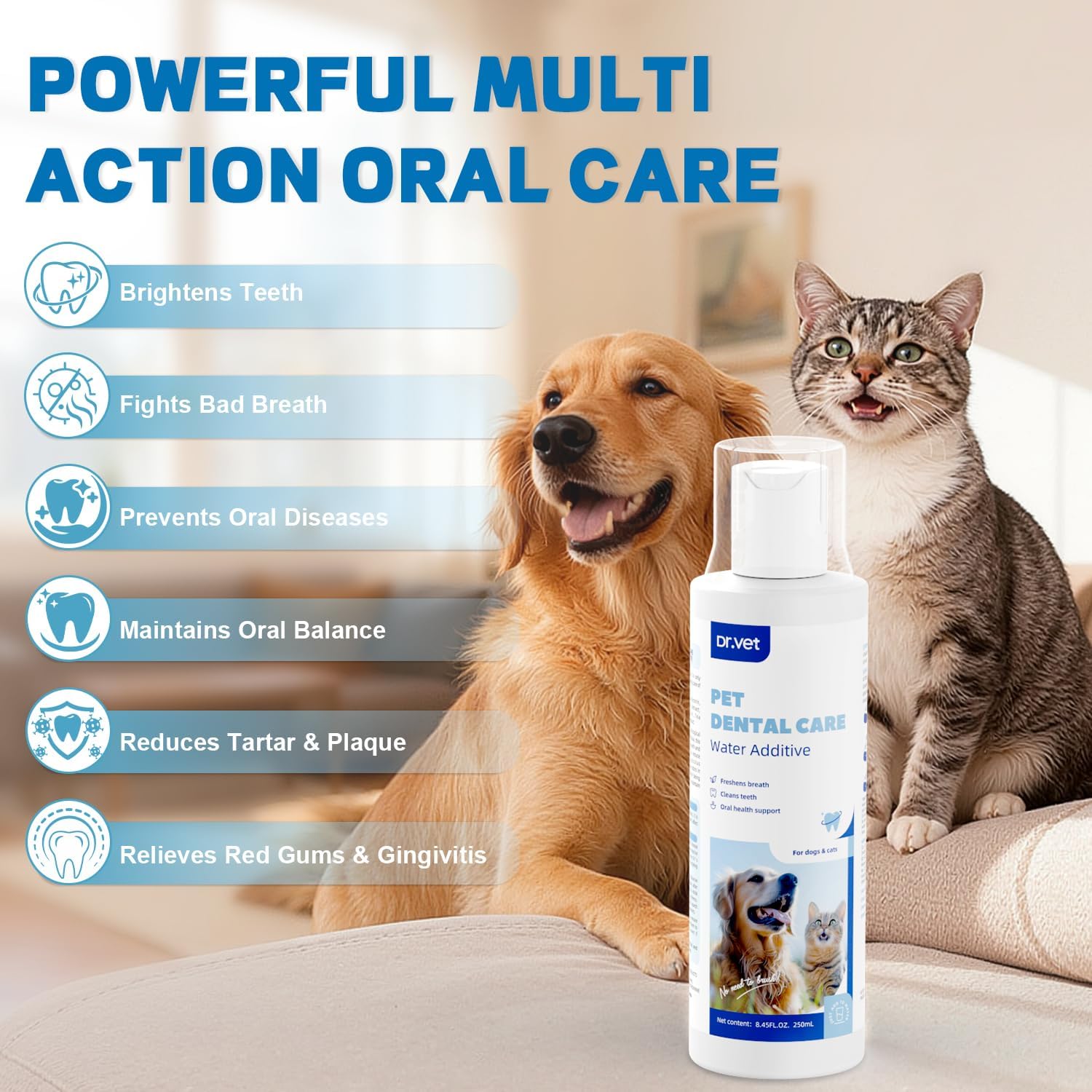 Dog Breath Freshener-Enzymatic Dog Dental Water Additive for Dental Care–Probiotics Prevent Bad Breath, Relieve Gum Redness, Reduce Plaque & Tartar, No Brushing Needed, Safe for Dogs & Cats, 8.45oz