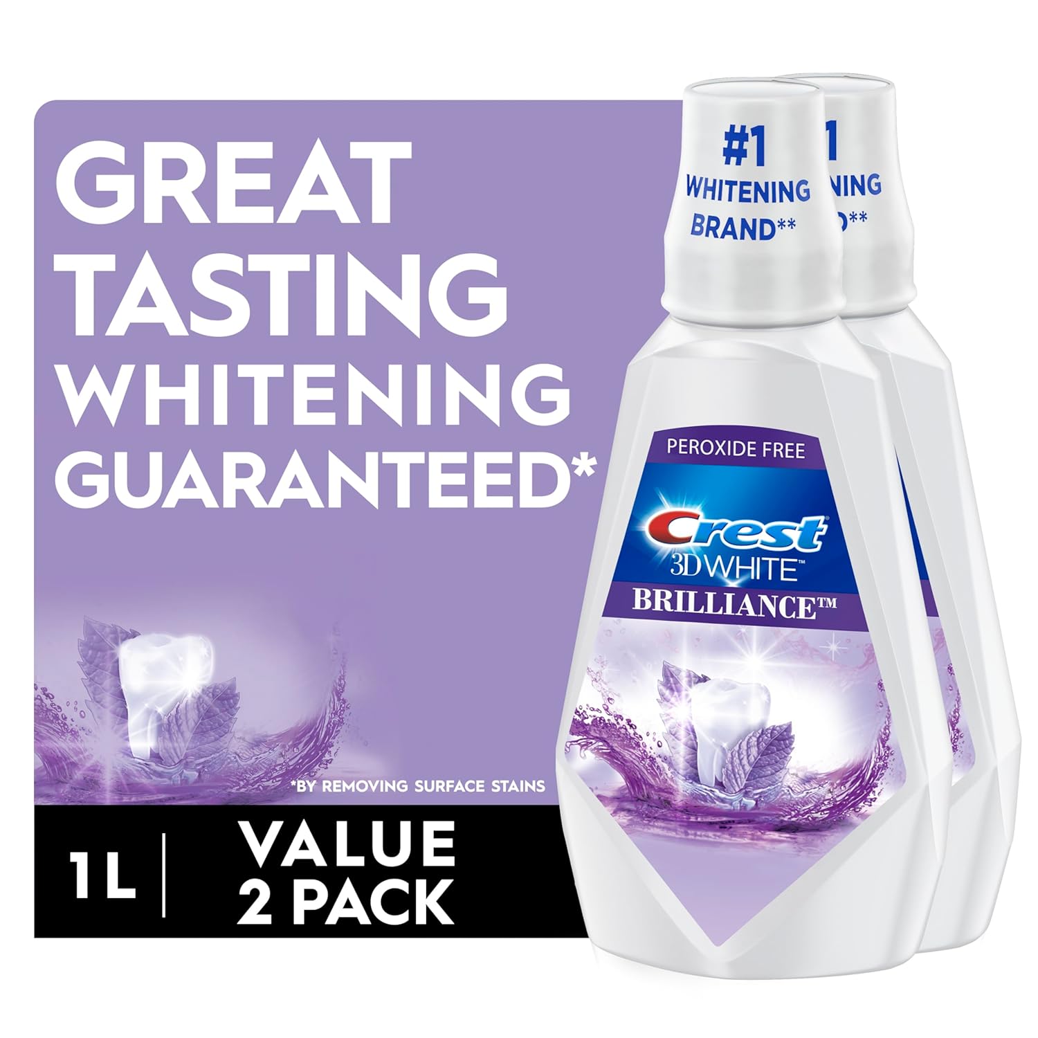 Crest Mouthwash/Mouth Rinse, 3D White Brilliance Whitening, Alcohol Free, Clean Mint, 2x1L (33.8 fl oz)