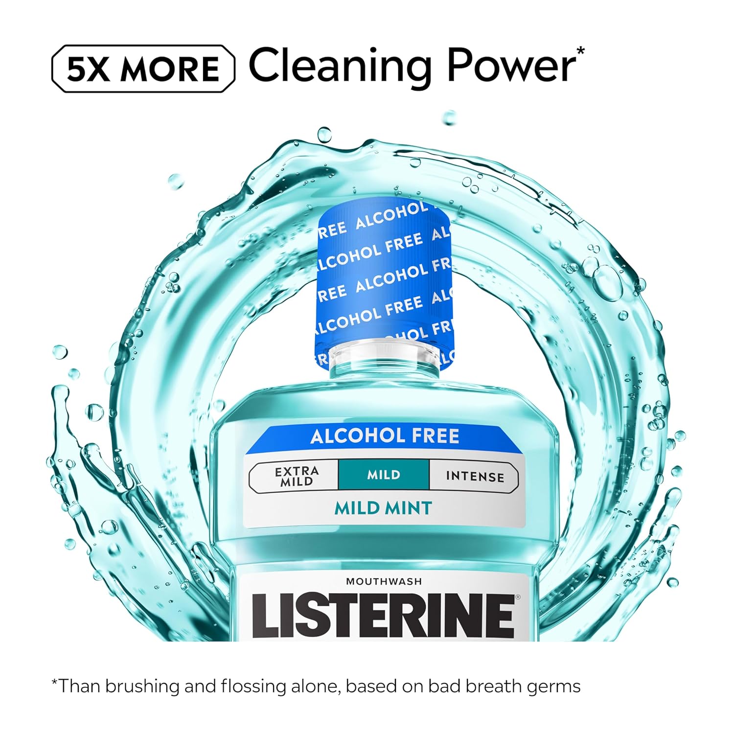 Alternative view of Listerine Cool Mint Alcohol-Free Mild Mouthwash, Oral Rinse Kills 99.9% of Germs That Cause Bad Breath, Less Intense Taste, Mild Mint Flavor, 1 L