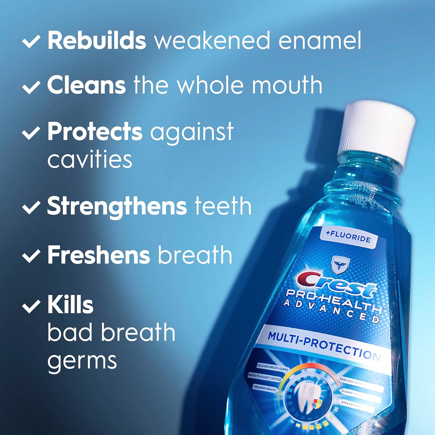 Crest Pro-Health Advanced Multi-Protection Mouthwash, Alcohol Free Mouthwash, Fresh Mint, 500 mL (16.9 Fl Oz), Pack of 4, Crest Mouthwash, Flouride Mouthwash