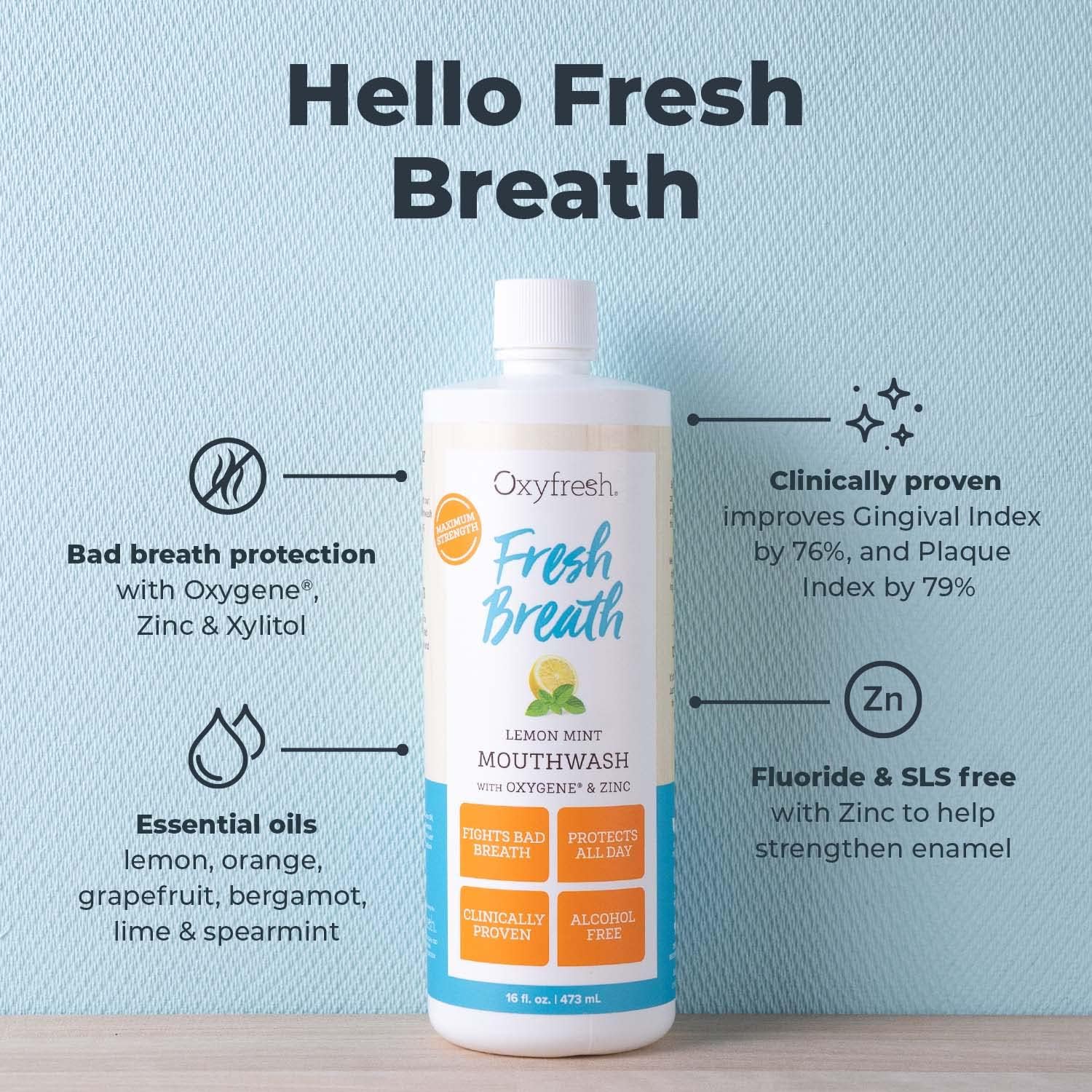 Oxyfresh Lemon Mint Fresh Breath Mouthwash u2013 Bad Breath Treatment u2013 SLS & Fluoride Free u2013 Alcohol Free, Gentle Nonburning with Xylitol & Essential Oils u2013 16 Fl Oz (Pack of 3)