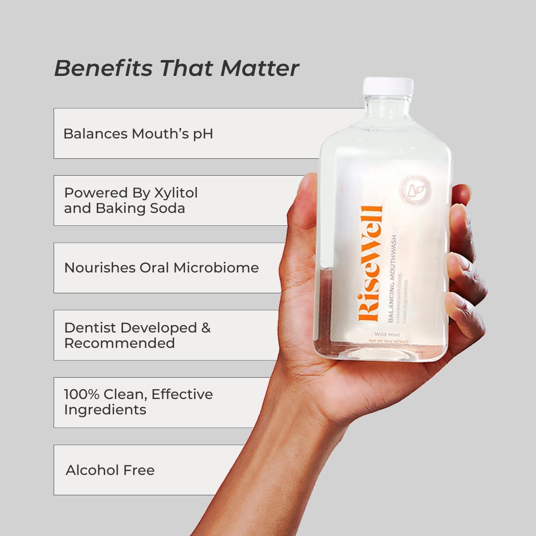 RiseWell Balancing Mouthwash - pH Balancing Alkaline Alcohol Free Mouthwash - Dentist Developed Dry Mouth Rinse - No Added Fluoride and SLS-Free - Fresh and Cool Breath - Wild Mint, 16 Oz