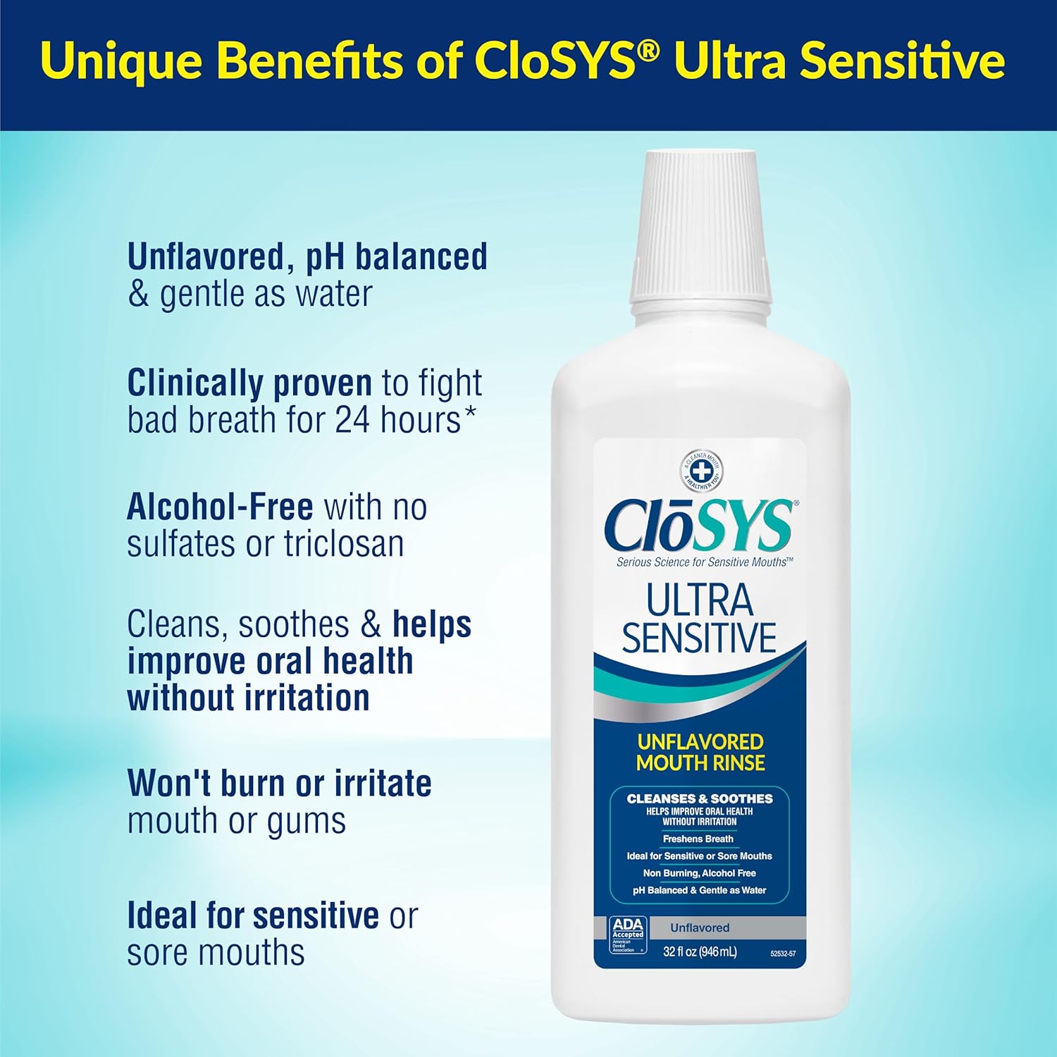 Alternative view of CloSYS Ultra Sensitive Mouthwash, 32 Oz, Pack of 2, Alcohol Free Mouthwash, Unflavored Mouth Wash, Dye Free, pH Balanced, Helps Soothe Entire Mouth
