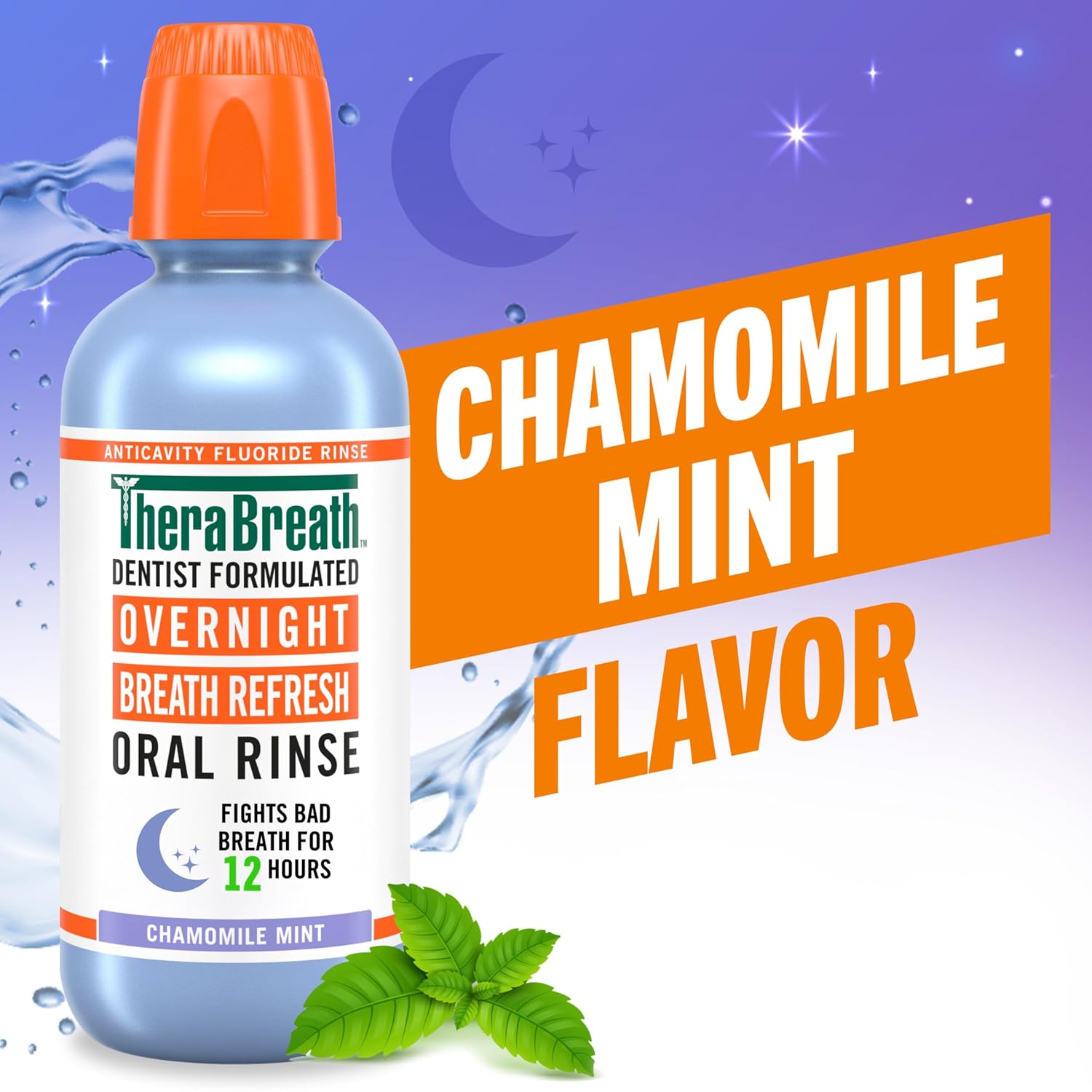 TheraBreath Overnight Mouthwash, Fights Bad Breath for 12 Hours, Chamomile Mint Flavor, Dentist Formulated, Fluoride Rinse, Alcohol Free, 16 fl oz (Pack of 2)