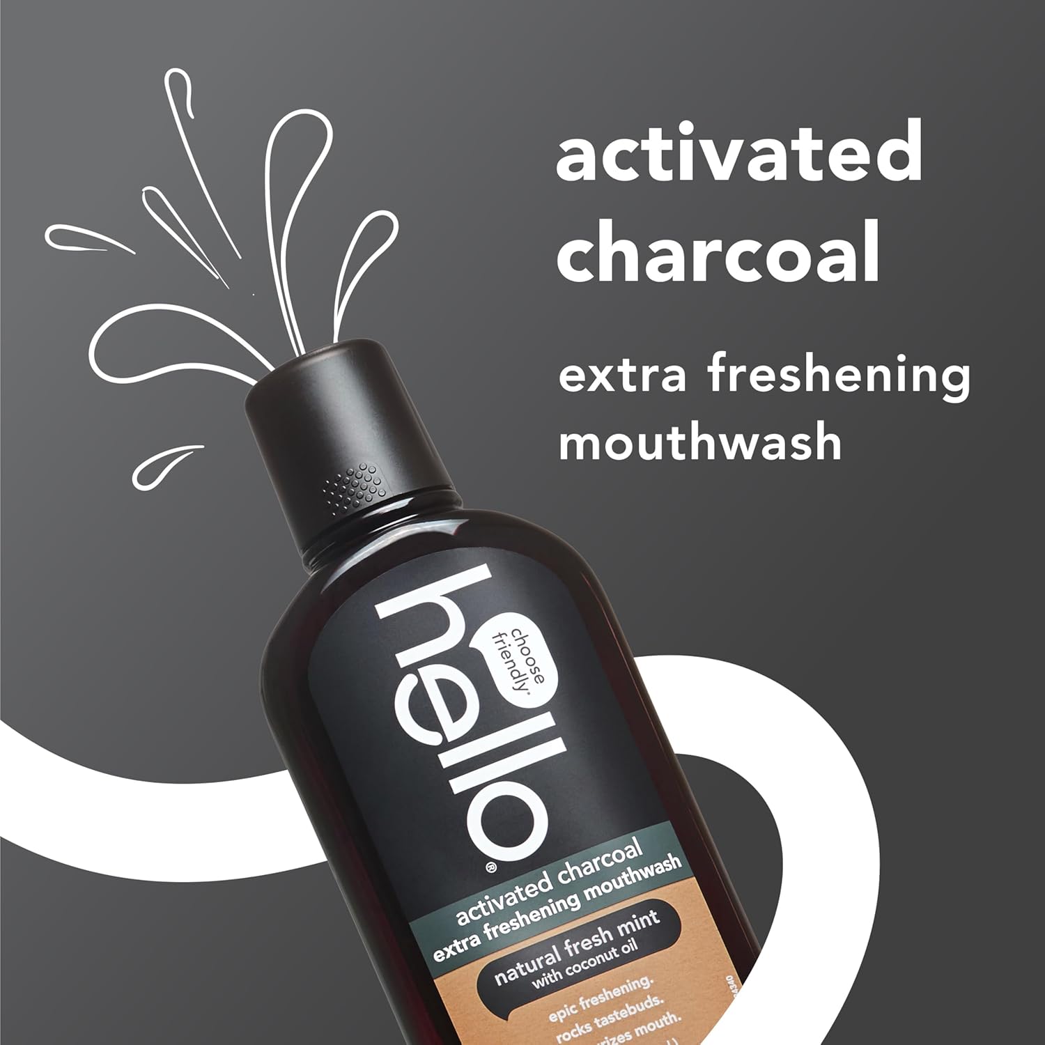 Hello Activated Charcoal Extra Freshening Mouthwash, Natural Fresh Mint and Coconut Oil, Fluoride Free, Alcohol Free, Vegan, SLS Free and Gluten Free, 16 Fl Oz (Pack of 3)