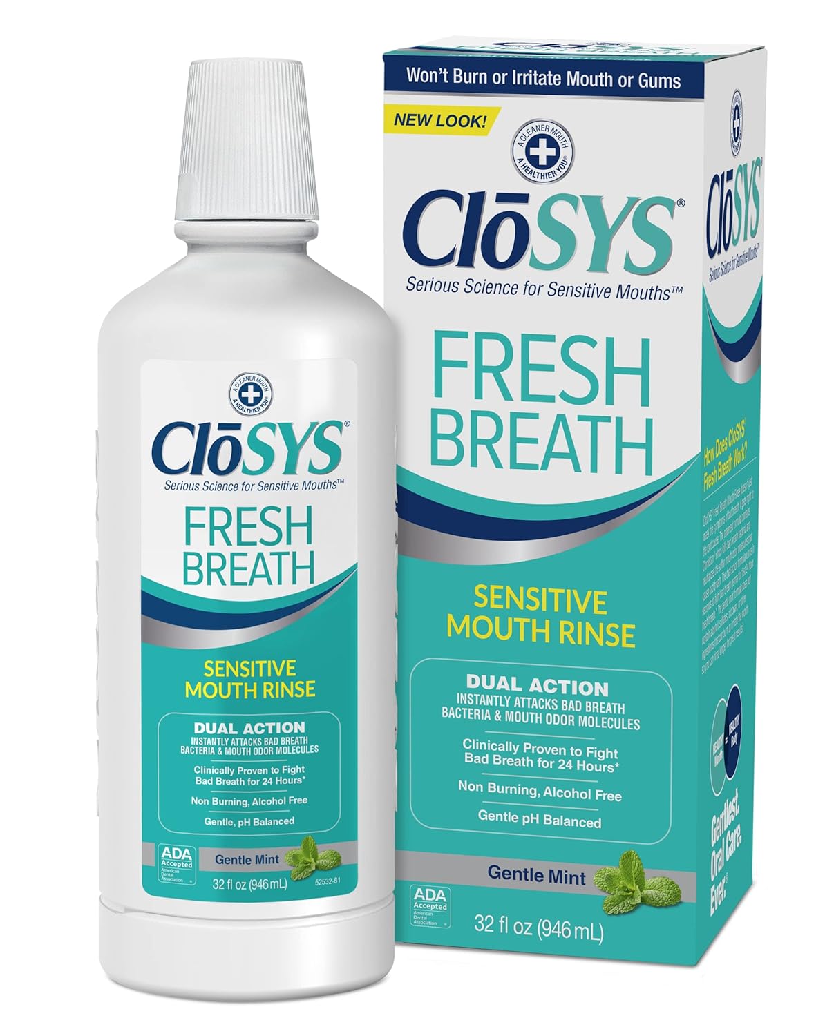 CloSYS Mouthwash, 32 Ounce, 2 Count, Fresh Breath Mouthwash, Gentle Mint, Alcohol Free, Dye Free, pH Balanced Mouth Wash, Helps Soothe Entire Mouth, Fights Bad Breath