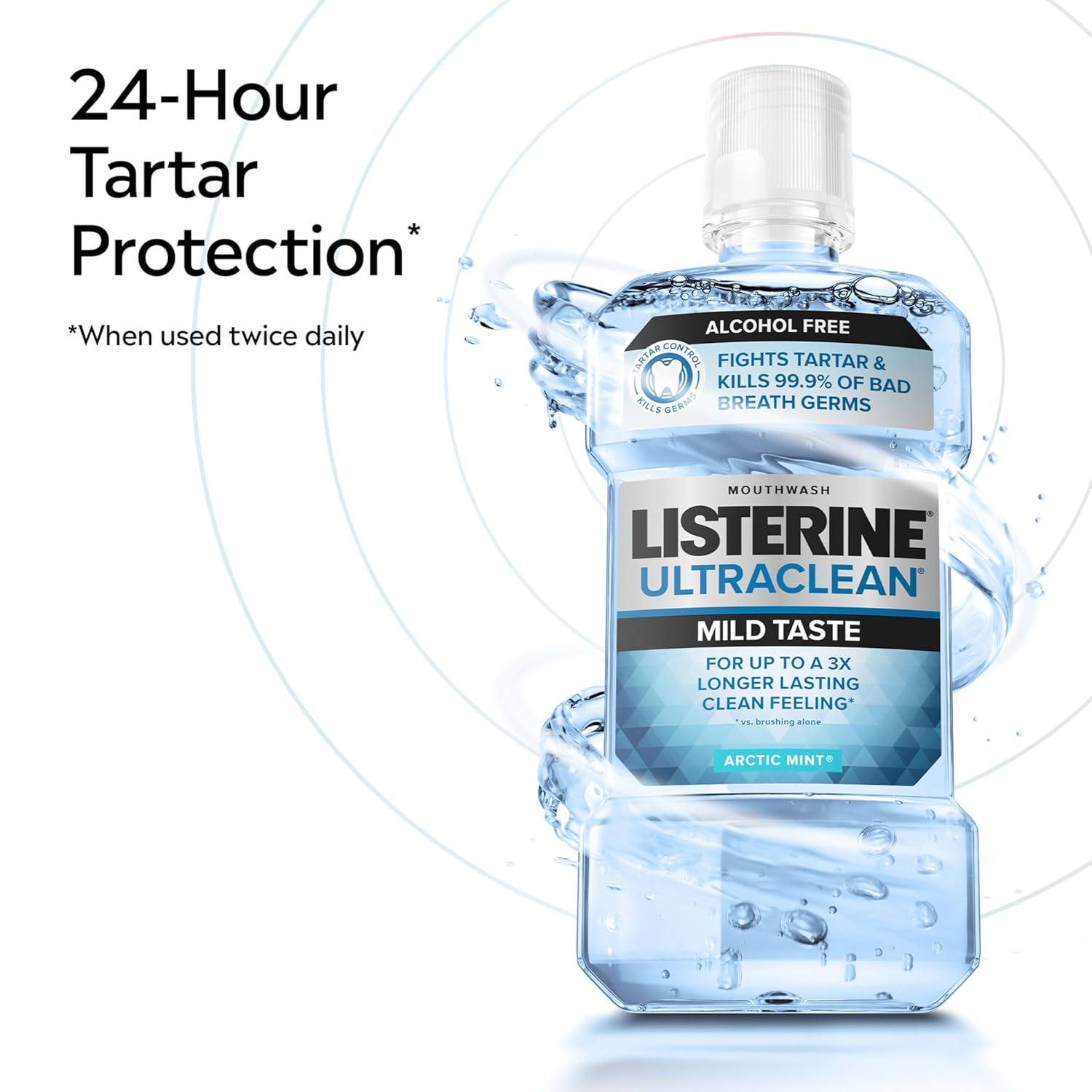 Listerine Ultraclean Alcohol-Free Tartar Control Mouthwash, Oral Rinse Fights Stain Build Up to Help Keep Naturally White Teeth, Less Intense Arctic Mint Flavor, 1L
