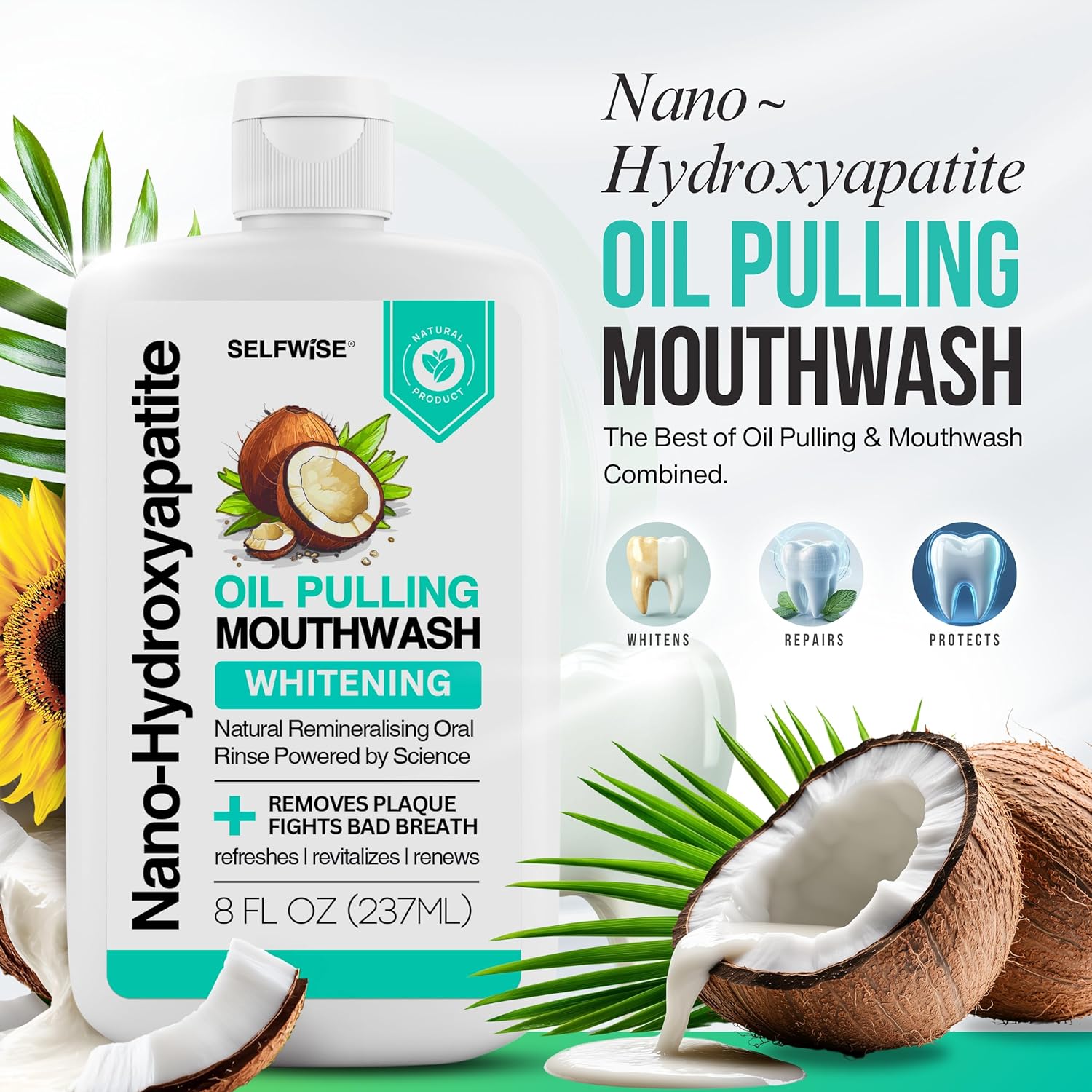 Nano-Hydroxyapatite Oil Pulling Whitening Mouthwash for Teeth and Gums, Natural & Organic, Whitens Teeth, Strengthens Enamel, Fights Bad Breath & Plaque u2013 Smooth & Non-Greasy u2013 for Adults & Kids 8oz