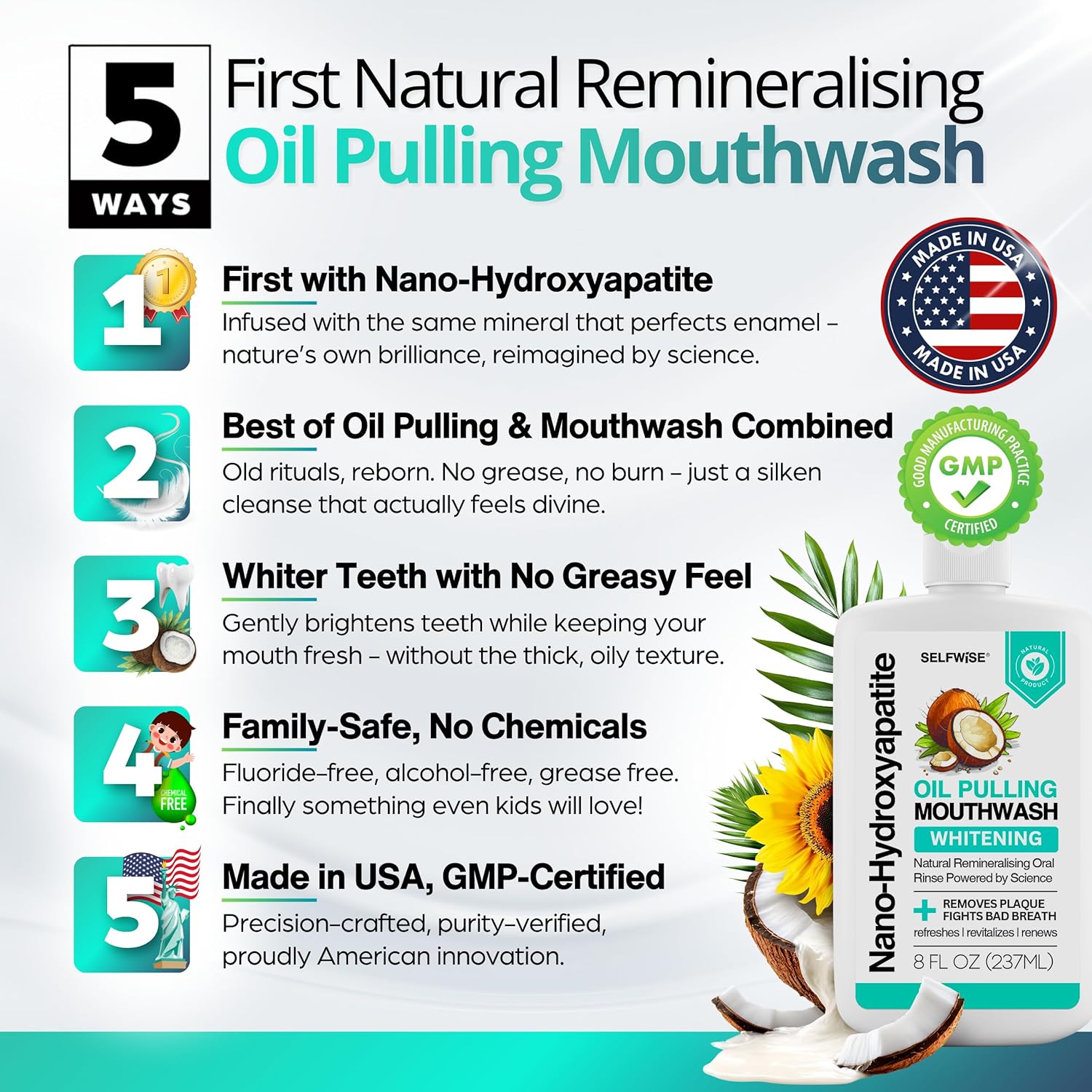 Alternative view of Nano-Hydroxyapatite Oil Pulling Whitening Mouthwash for Teeth and Gums, Natural & Organic, Whitens Teeth, Strengthens Enamel, Fights Bad Breath & Plaque u2013 Smooth & Non-Greasy u2013 for Adults & Kids 8oz