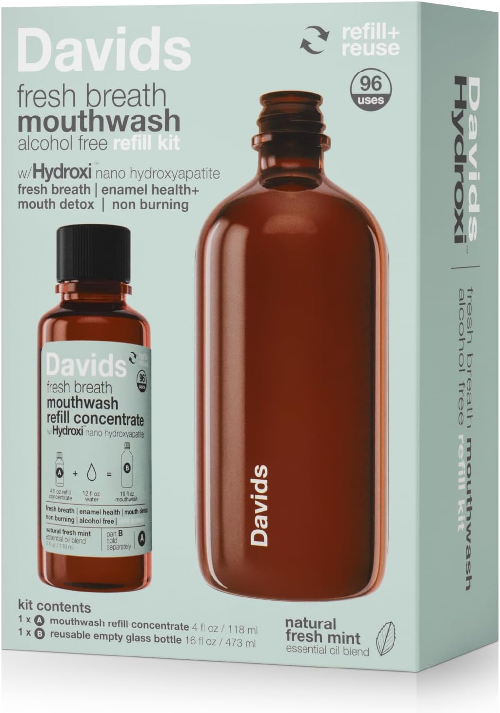Davids Hydroxi™ Fresh Breath Mouthwash Refill Concentrate, Alcohol-Free, Fluoride-Free, Remineralizing Nano-Hydroxyapatite for Sensitive Teeth & Enamel Health, Gum Detox