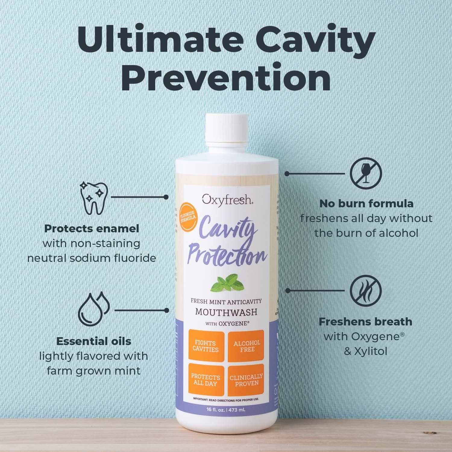 Oxyfresh Cavity Protection Fluoride Mouthwash u2013 Anticavity Mouthwash for Sensitive Teeth, Non - Staining, Alcohol Free, Lasting Fresh Breath - 16 fl Oz