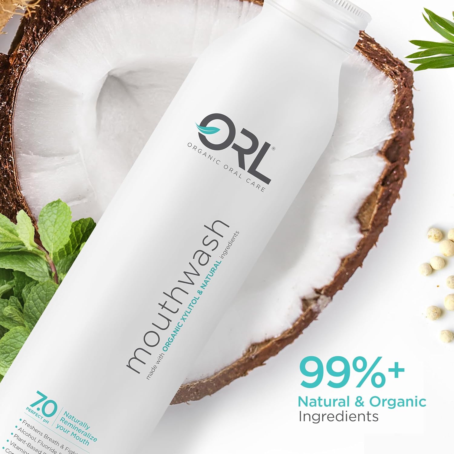 ORL Natural & Organic Alcohol-Free Mouthwash Uniquely Formulated to Clean Your Mouth, Whiten Your Teeth, Strengthen Tooth Enamel with 7.0 pH Balance. Eco-Friendly Aluminum Bottle. 16.9 oz.