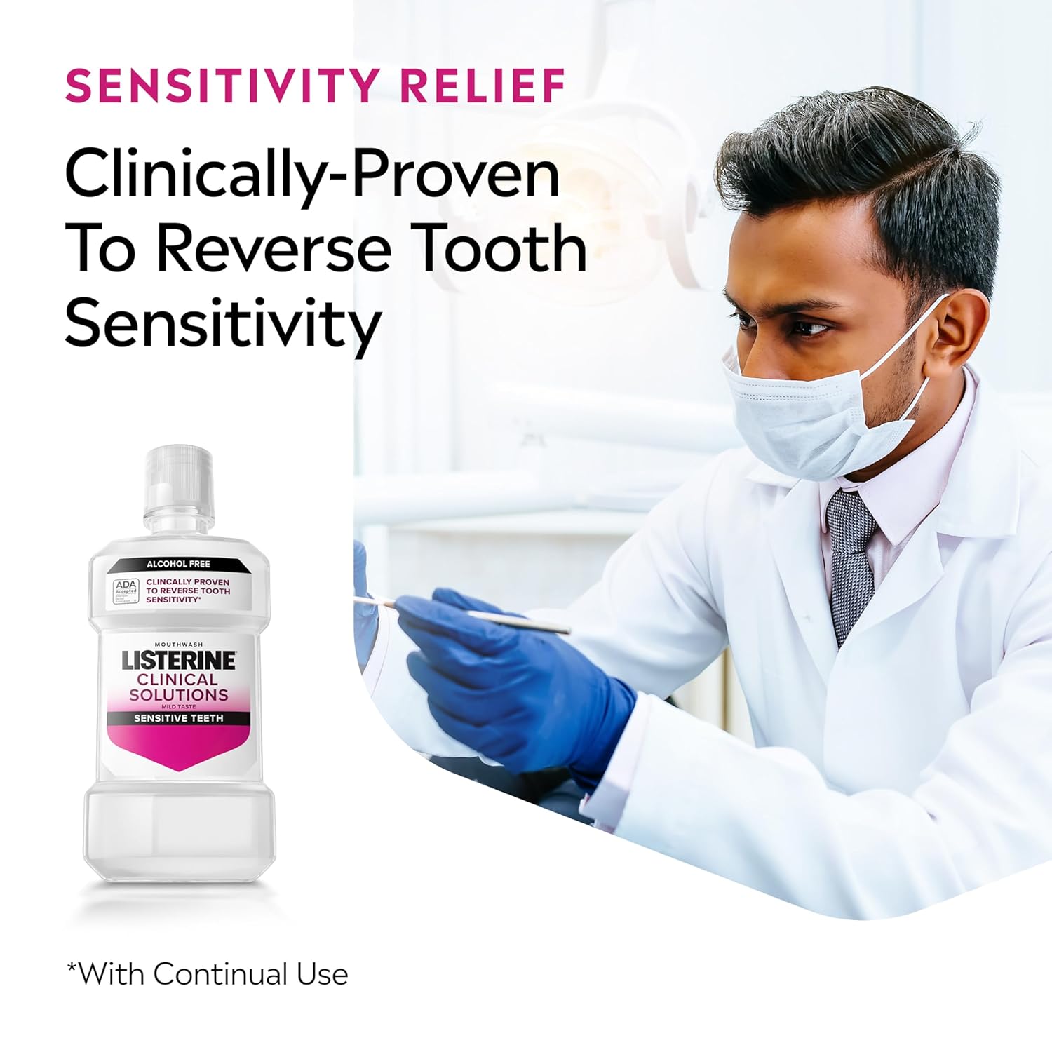 Listerine Clinical Solutions Sensitive Teeth Alcohol Free Mouthwash, Fresh Breath Dental Mouthwash Provides Protection & Relief from Tooth Sensitivity Pain, Daily Fresh Mint Oral Rinse, 500 mL