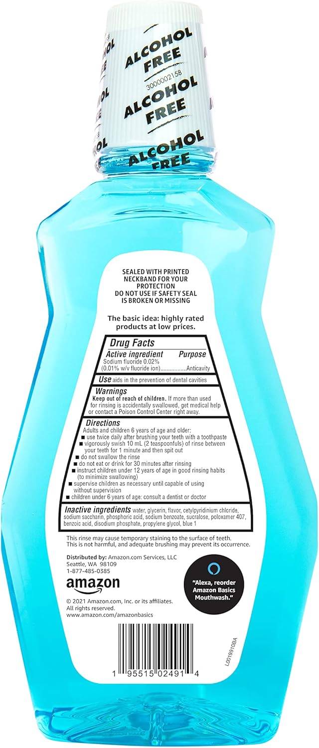 Amazon Basics Fluoride Mouthwash for Adults, Anticavity, Alcohol Free - Refreshing Mint Flavor, 1 Liter, 1-Pack