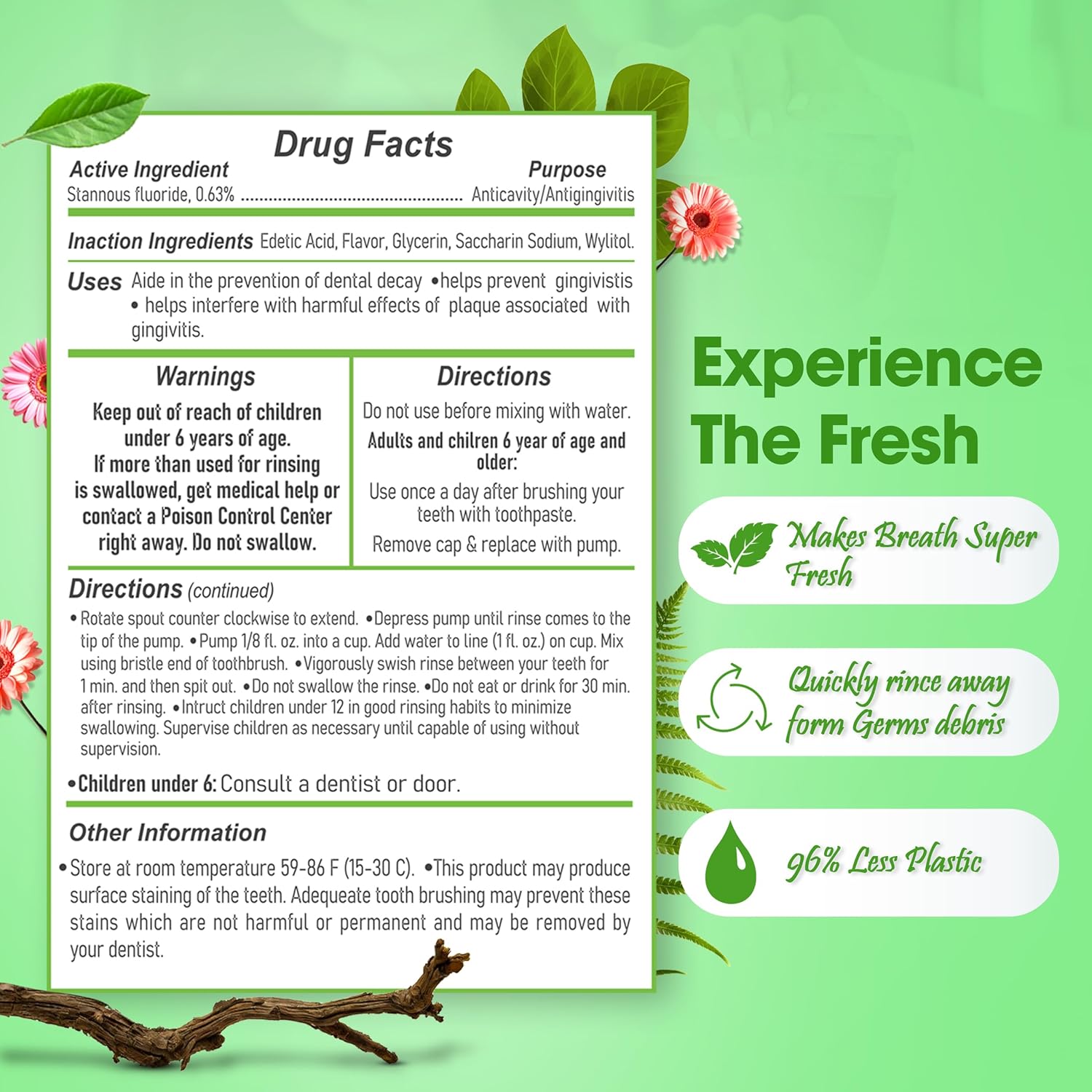 Stannous Fluoride Mouthwash - 10 Fl. Oz. 0.63% Antimicrobial Perio Rinse - Alcohol Free, Dye Free, Paraben Free - Refreshing Spearmint Flavor