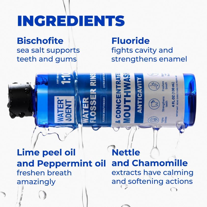 WATER DENT Fluoride Mouthwash and Water Flosser Аdditive | Add to Oral irrigator | Citrus Mint Flavor | Alcohol Free, Made in USA | Concentrated 1:10 = 44 fl.oz
