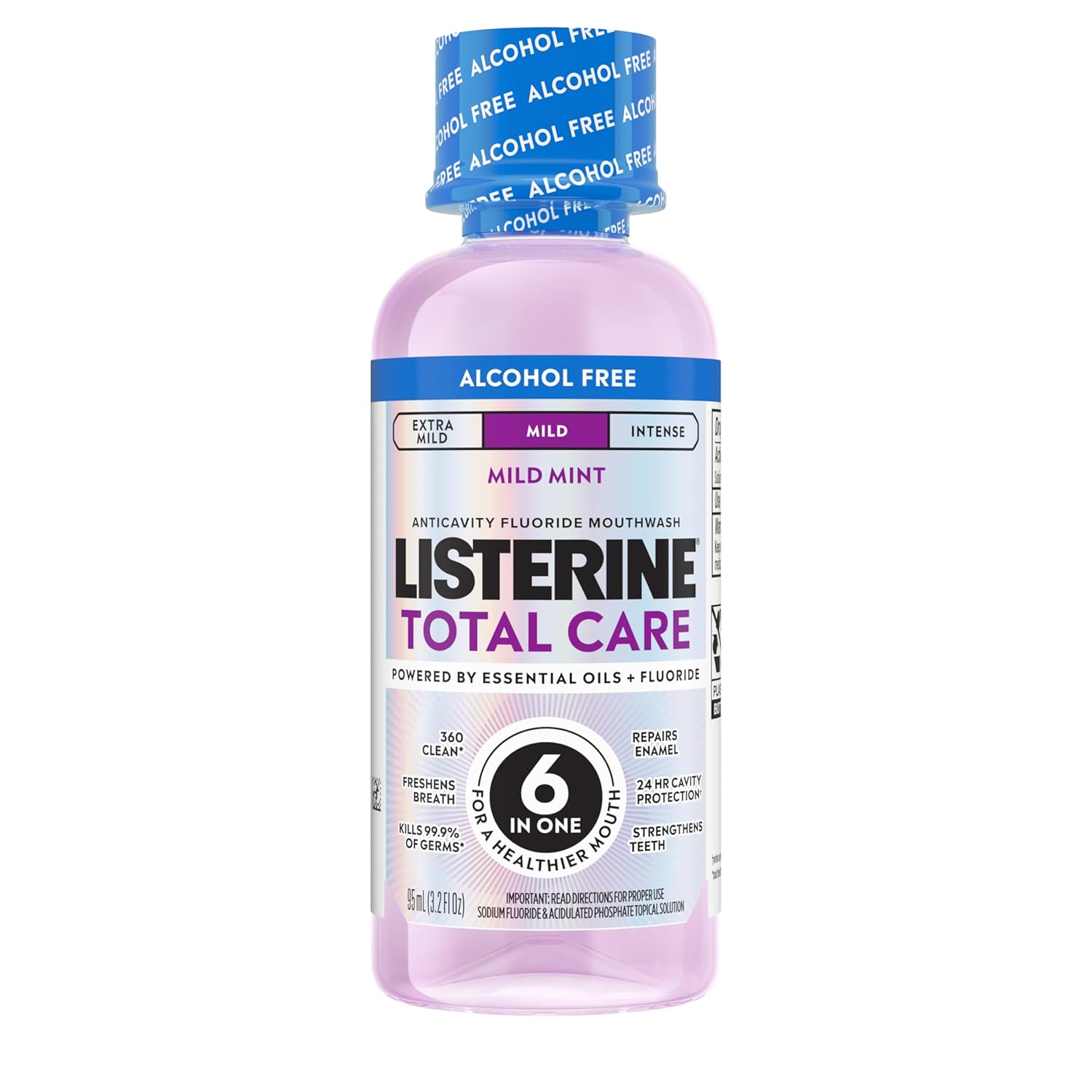 Listerine Total Care Alcohol-Free Mild Mouthwash, 6 Benefit Oral Rinse to Help Kill 99.9% of Germs That Cause Bad Breath, Strengthen Enamel, Mild Mint Flavor, 95 mL