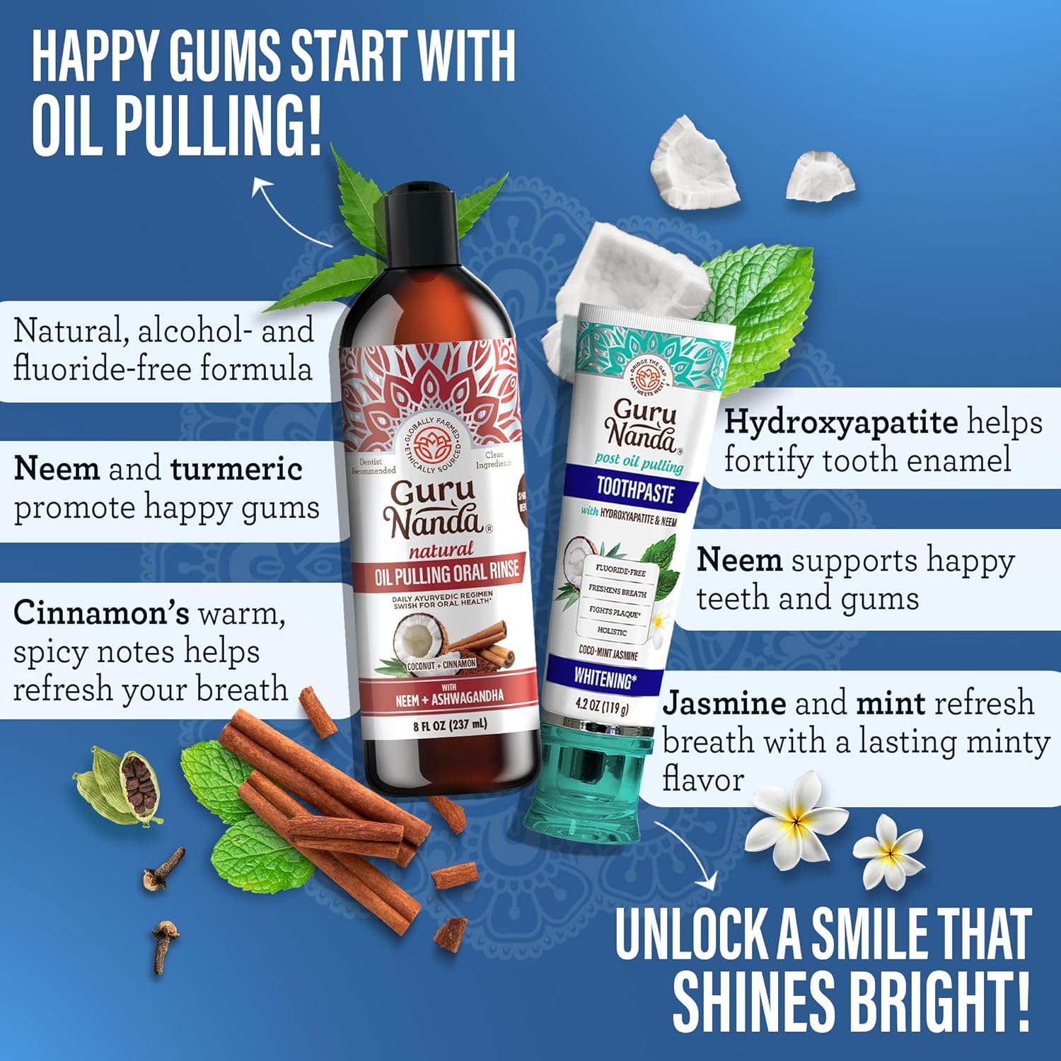 Alternative view of GuruNanda Gum Hygiene Makeover Kit with Ashwagandha & Cocomint (Travel Size) Oil Pulling, Neem Toothpaste, Breath Harmonizer Mouthwash, 2-in-1 Floss Picks & Whitening Toothbrushes