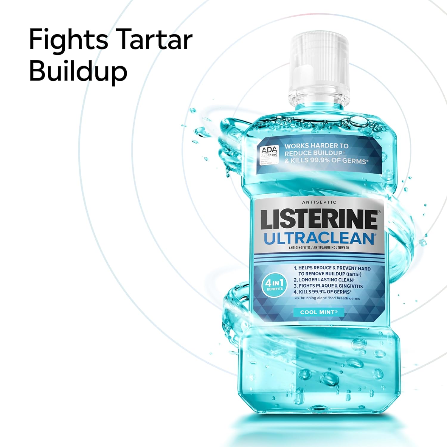 Listerine Ultraclean Oral Care Antiseptic Mouthwash, Everfresh Technology to Help Fight Bad Breath, Gingivitis, Plaque & Tartar, ADA-Accepted Tartar Control Oral Rinse, Cool Mint, 1.5 L