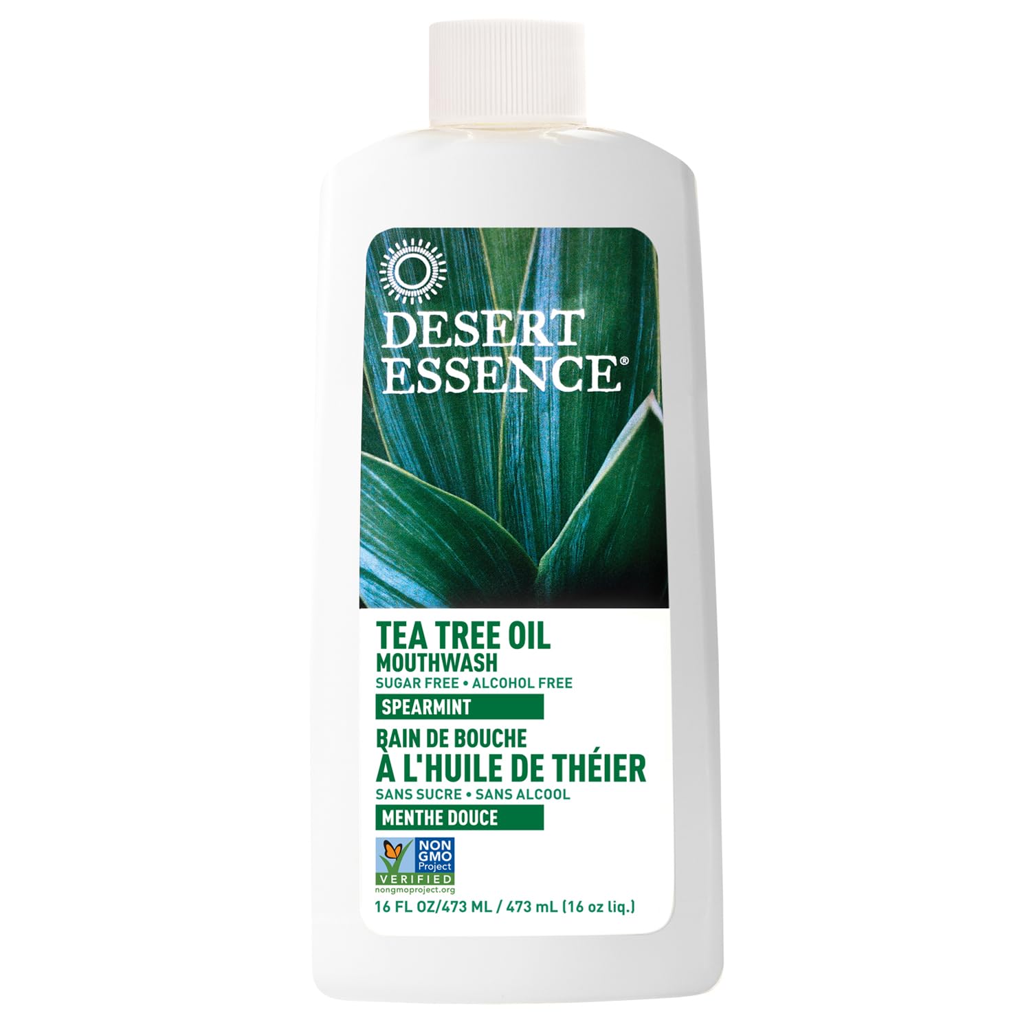 Desert Essence Tea Tree Oil Mouthwash, Spearmint, 16 fl oz - Alcohol Free, Sugar Free, Gluten Free, Vegan, Cruelty Free, Non-GMO - Aloe, Vitamin C & Spearmint Essential Oil - Healthy Teeth & Gums