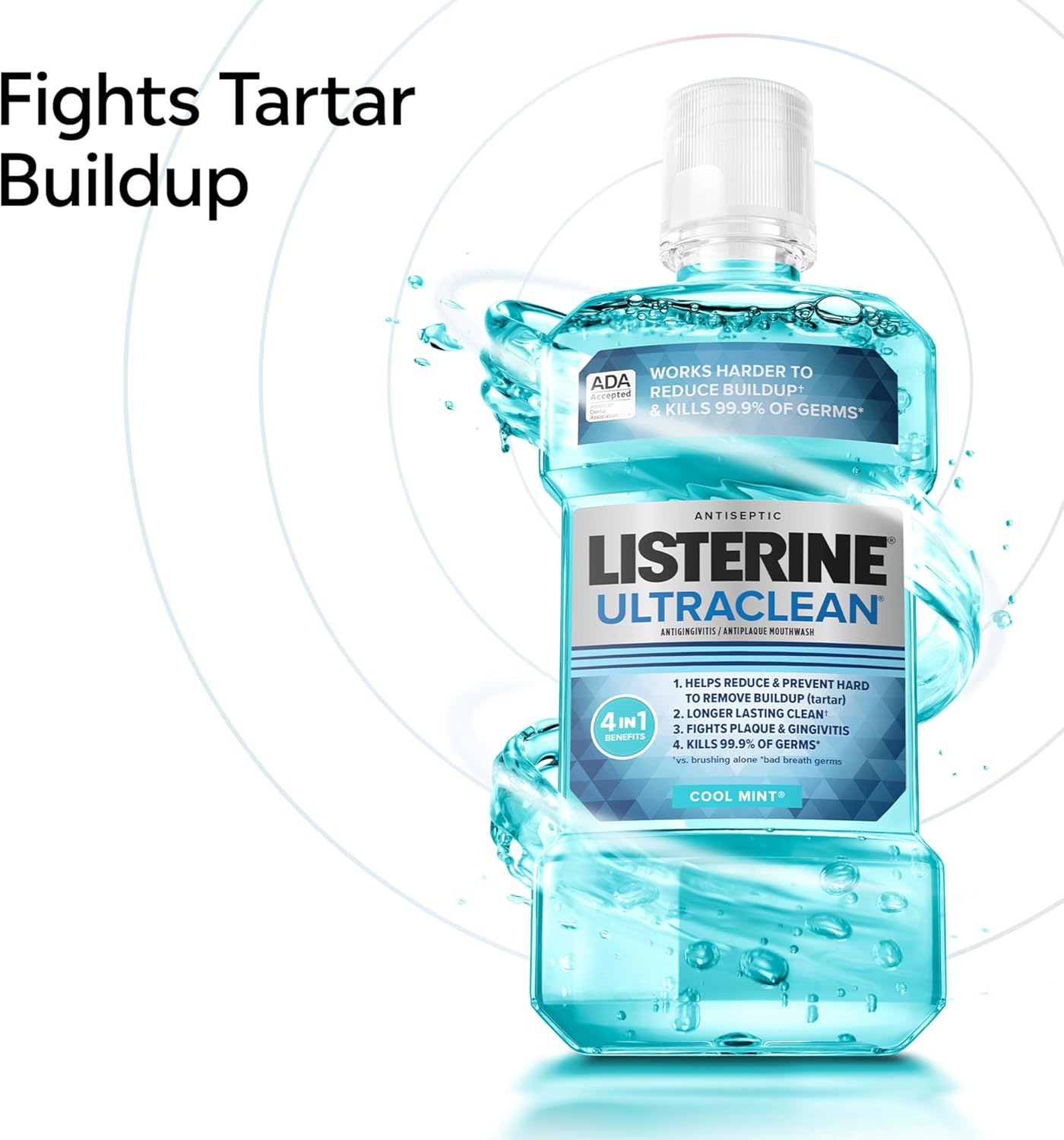 Listerine Ultraclean Oral Care Antiseptic Mouthwash, Everfresh Technology to Help Fight Bad Breath, Gingivitis, Plaque & Tartar, ADA-Accepted Tartar Control Oral Rinse, Cool Mint, 1 L