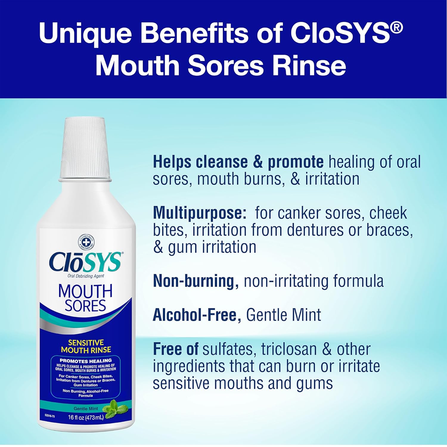 Alternative view of CloSYS Mouth Sore Mouthwash Cleanses and Heals Oral Sores and Canker Sores in Mouth Alcohol-Free Hydrogen Peroxide Mouthwash Non-Burning and Non-Irritating 16 oz