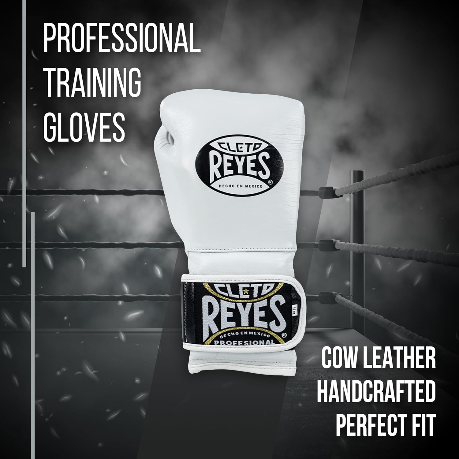 CLETO REYES Training Gloves with Leather Strap & Attached Thumb and Hook & Loop Closure, 16oz, White