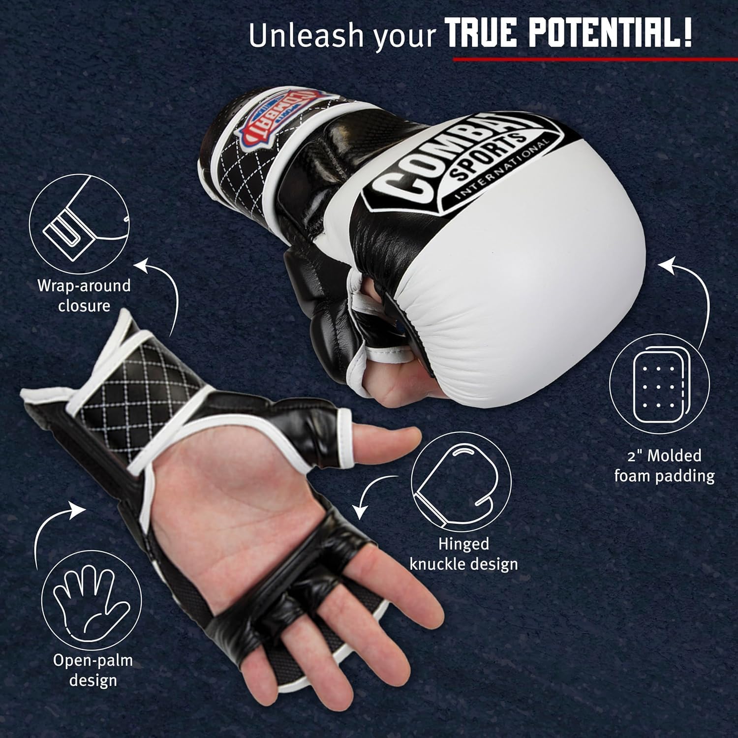 Combat Sports Max Strike MMA Training Gloves, Open Palm Fingerless Gloves for MMA, Muay Thai, and Kickboxing