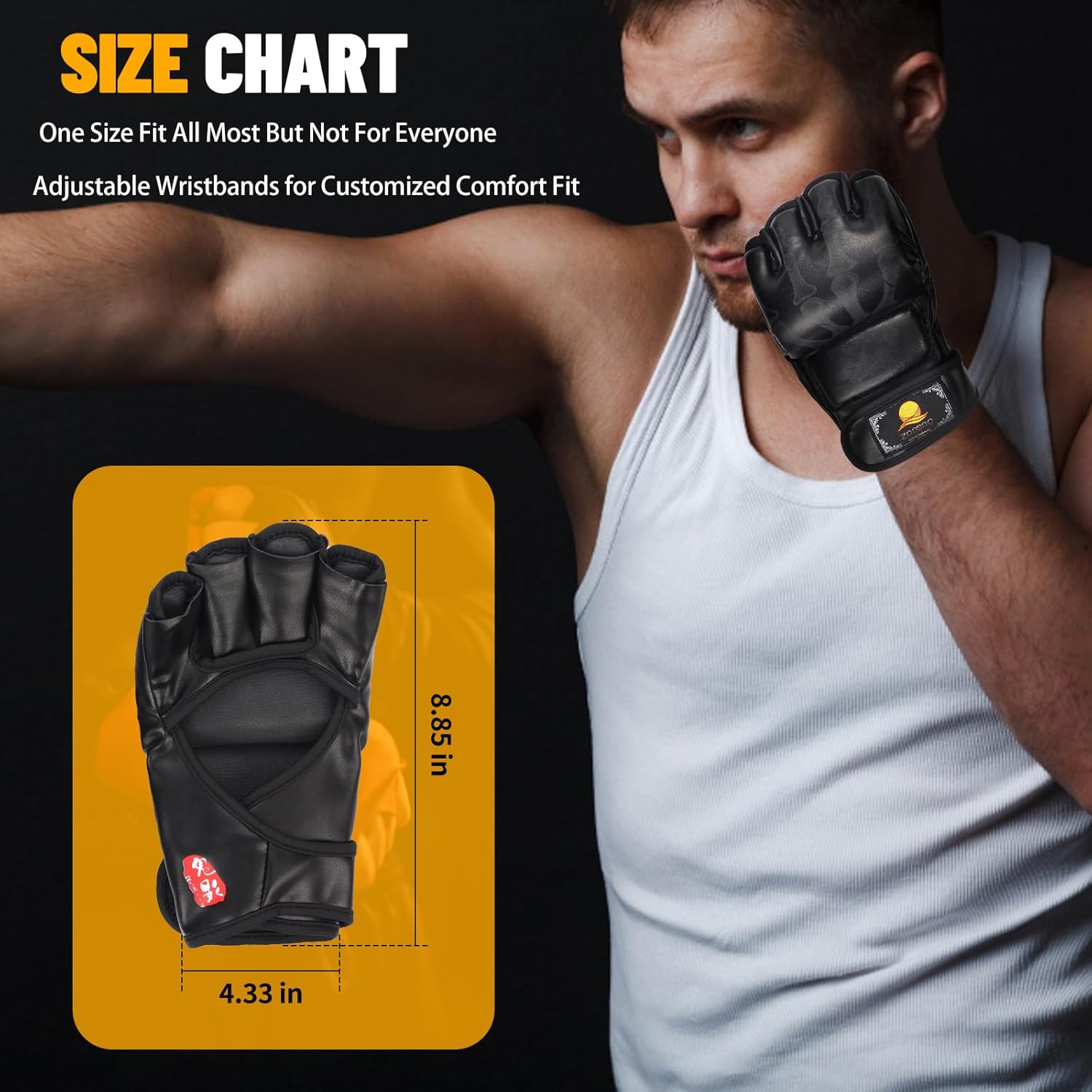 ZooBoo MMA Gloves, Half-Finger Boxing Fight Gloves MMA Mitts with Adjustable Wrist Band UFC Gloves for Sanda Sparring Punching Bag Training (One Size Fits Most)