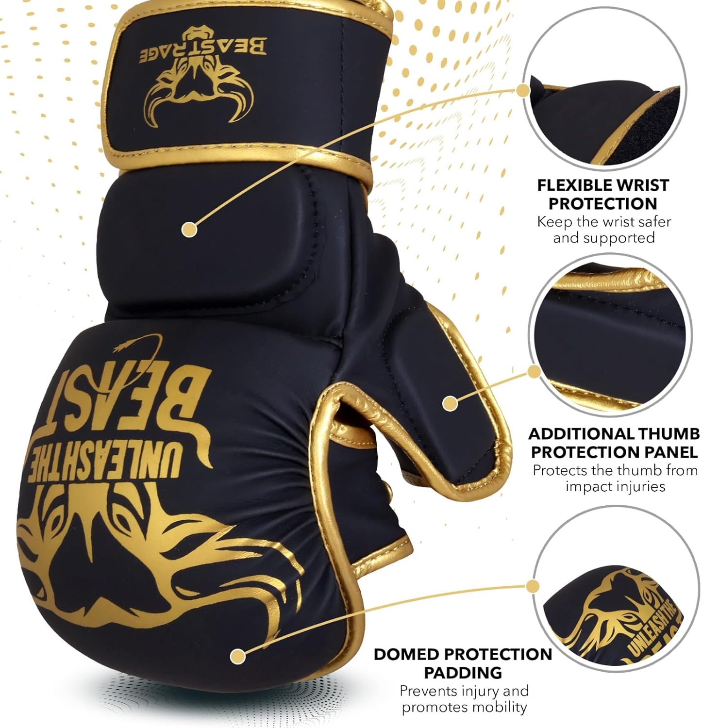 BEAST RAGE MMA Gloves for Men Women,Adjustable Wrist Support Open Palm Martial Arts Mitts Grappling Sparring for Muay Thai Cage Fighting Combat Taekwondo Kickboxing Boxing Training