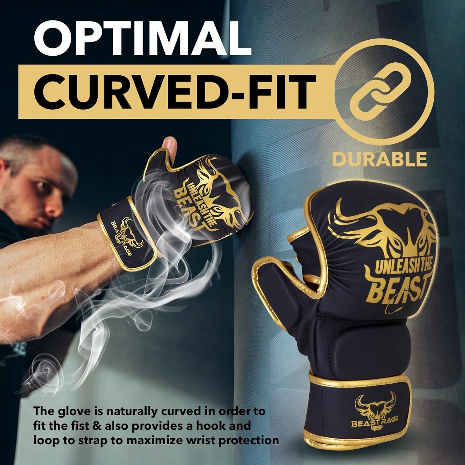 Alternative view of BEAST RAGE MMA Gloves for Men Women,Adjustable Wrist Support Open Palm Martial Arts Mitts Grappling Sparring for Muay Thai Cage Fighting Combat Taekwondo Kickboxing Boxing Training