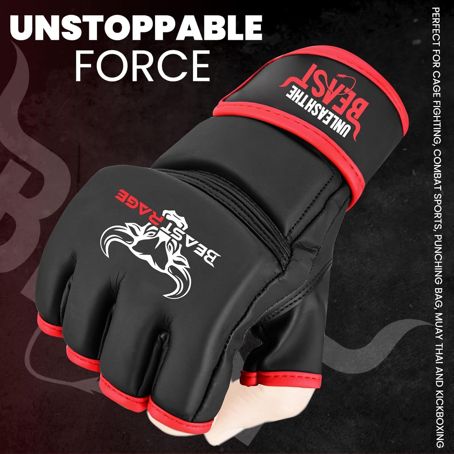 BEAST RAGE MMA Gloves for Men and Women,Martial Arts Mitts Grappling Sparring,Ventilated Palm, Vegan Leather, Cage Fighting, Muay Thai, Kick Boxing, Punching Bag, Boxing, Kickboxing - Image 5
