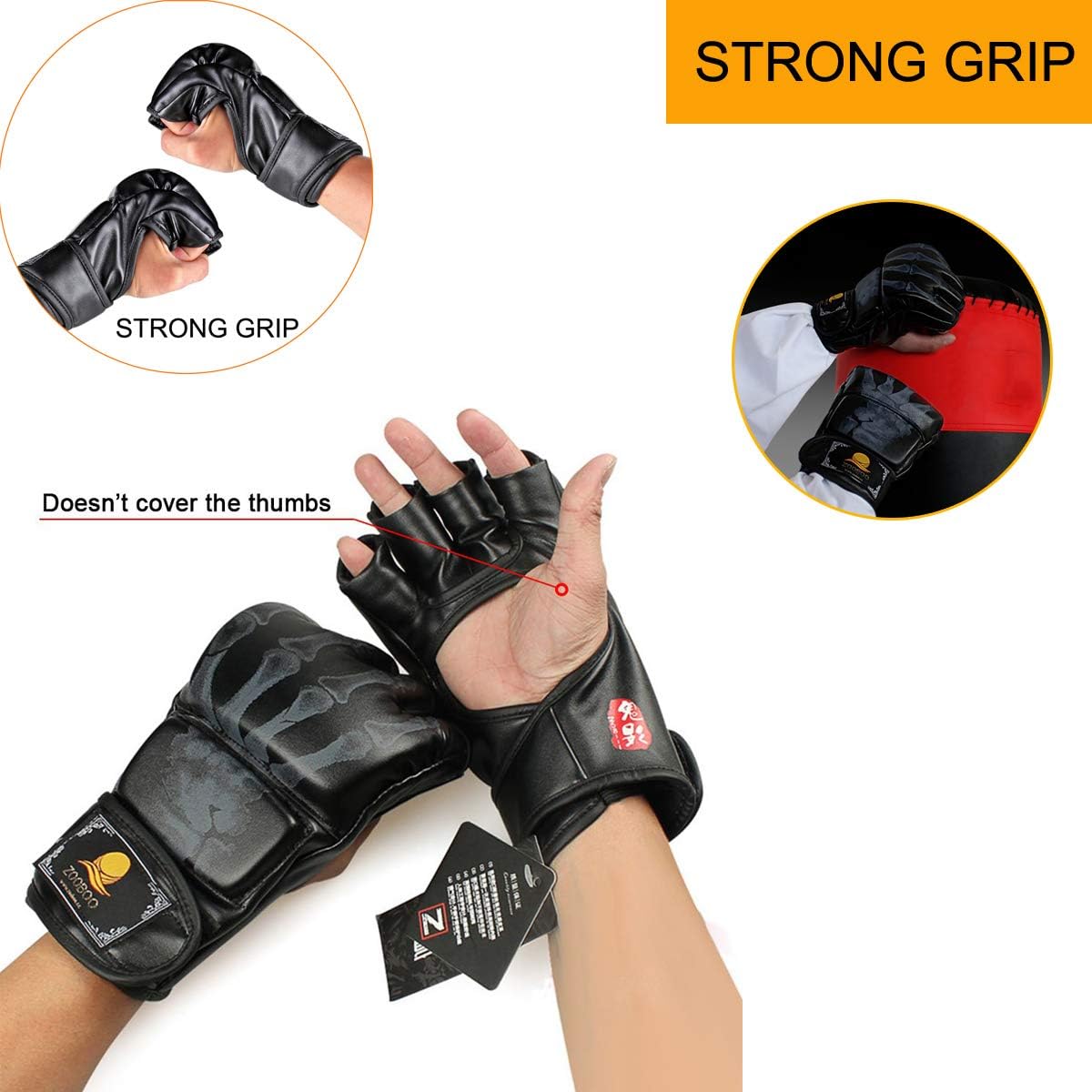 ZooBoo MMA Gloves, Half-Finger Boxing Fight Gloves MMA Mitts with Adjustable Wrist Band for Sanda Sparring Punching Bag Training - Image 3