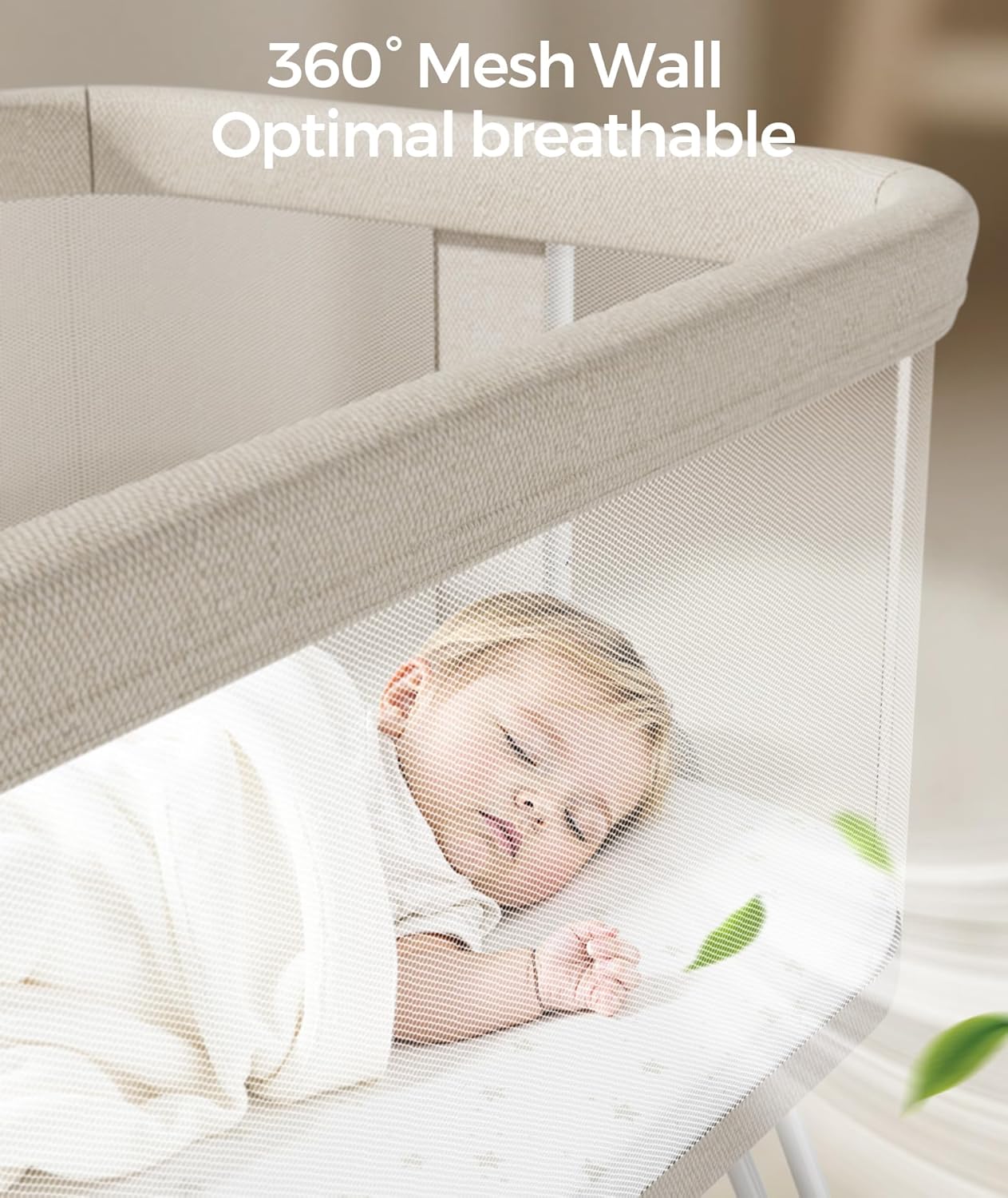 Fodoss Baby Bassinets Bedside Sleeper - Bed Side Bassinet Newborn with Wheels, Storage Tray, 4-Sided Mesh, 7 Height Adjustable, Beige