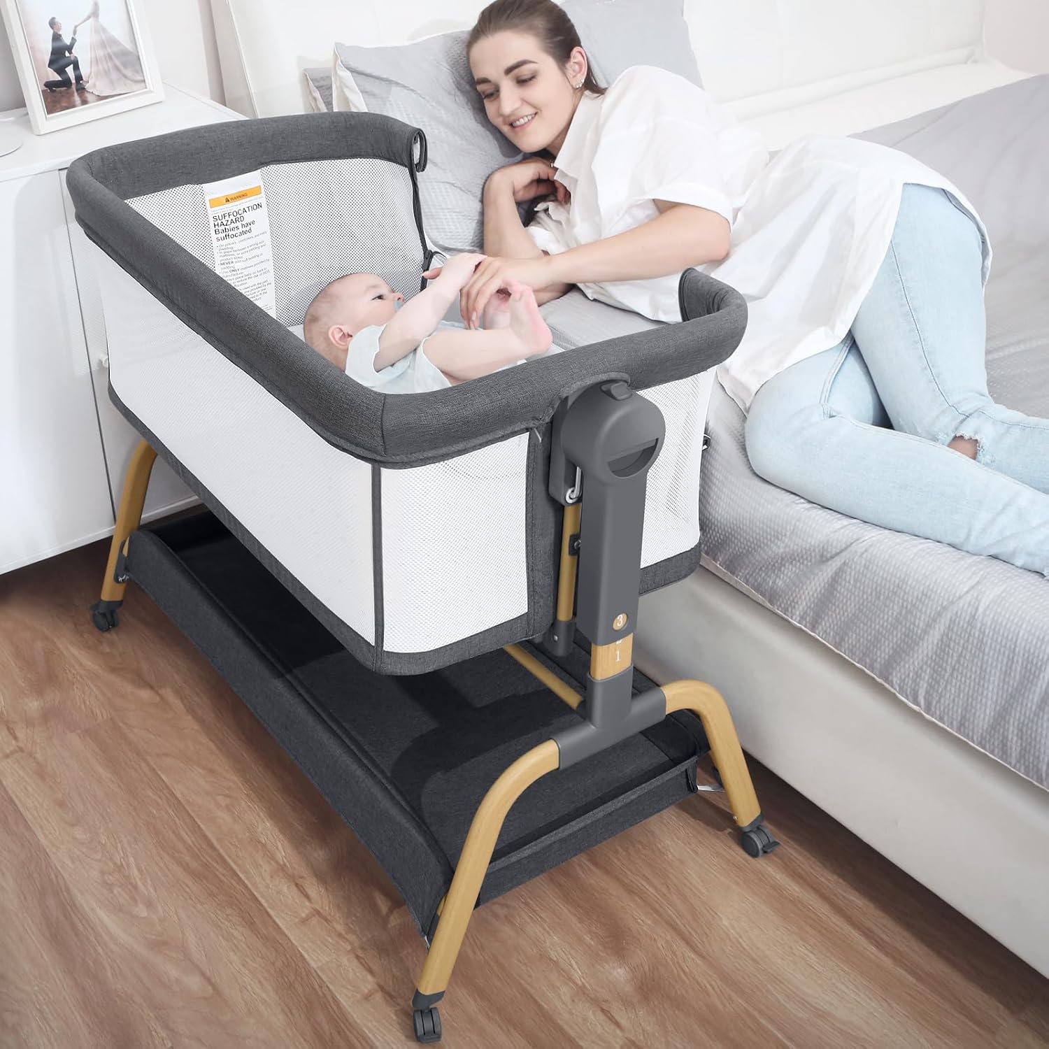3 in 1 Baby Bassinet, Bedside Bassinet for Baby, Rocking Bassinet with Comfy Mattress and Wheels, 6 Height Adjustable Easy Folding Portable Bedside Crib for Newborn