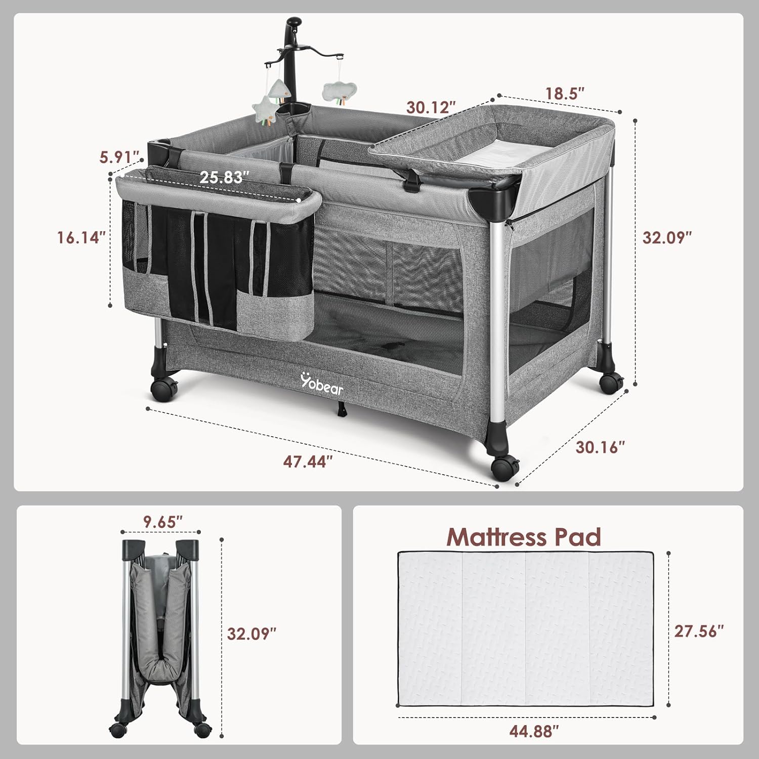 4-in-1 Baby Bassinet with Mattress - One-Push Setup Playard - Bedside Crib with Diaper Changer from Newborn to Toddler (Grey)