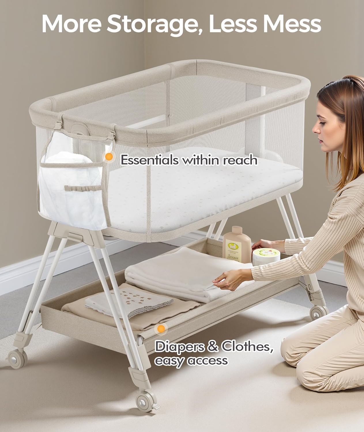Alternative view of Fodoss Baby Bassinets Bedside Sleeper - Bed Side Bassinet Newborn with Wheels, Storage Tray, 4-Sided Mesh, 7 Height Adjustable, Beige