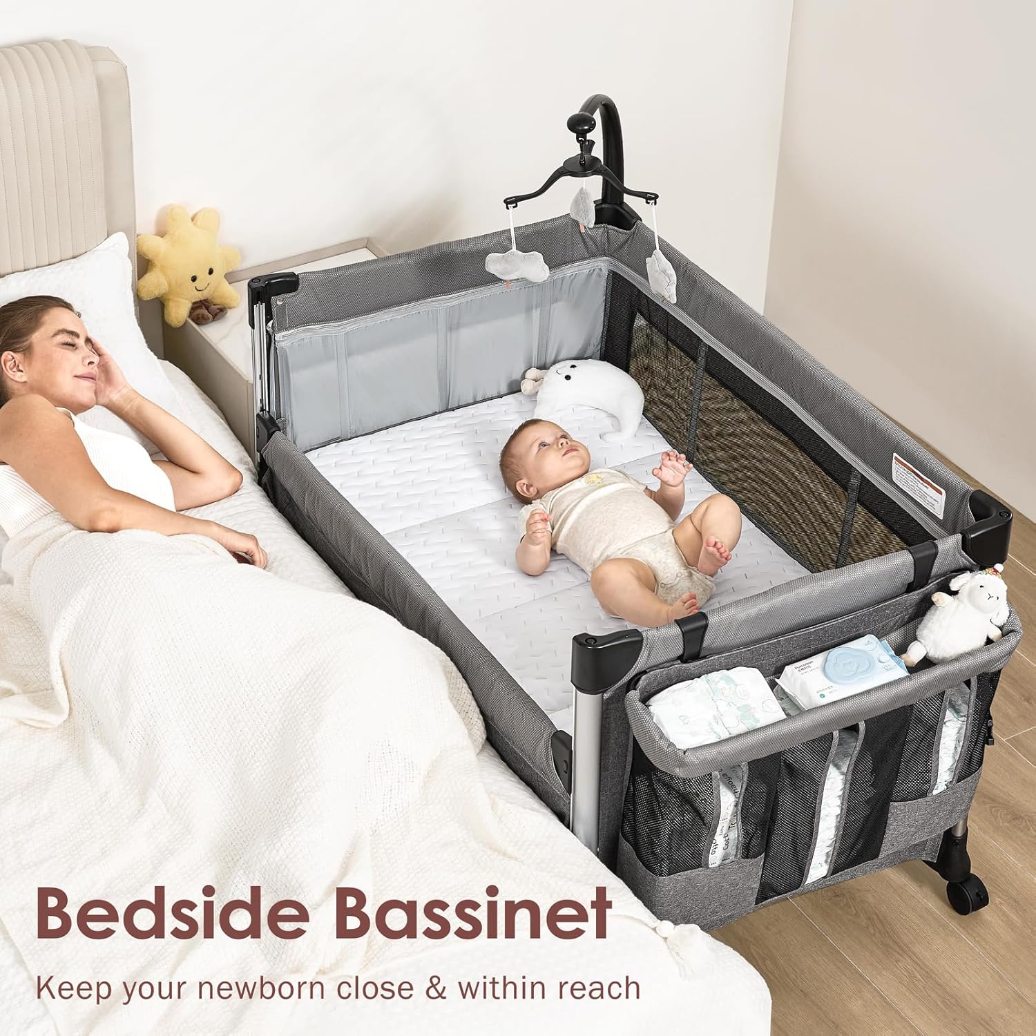 Alternative view of 4-in-1 Baby Bassinet with Mattress - One-Push Setup Playard - Bedside Crib with Diaper Changer from Newborn to Toddler (Grey)