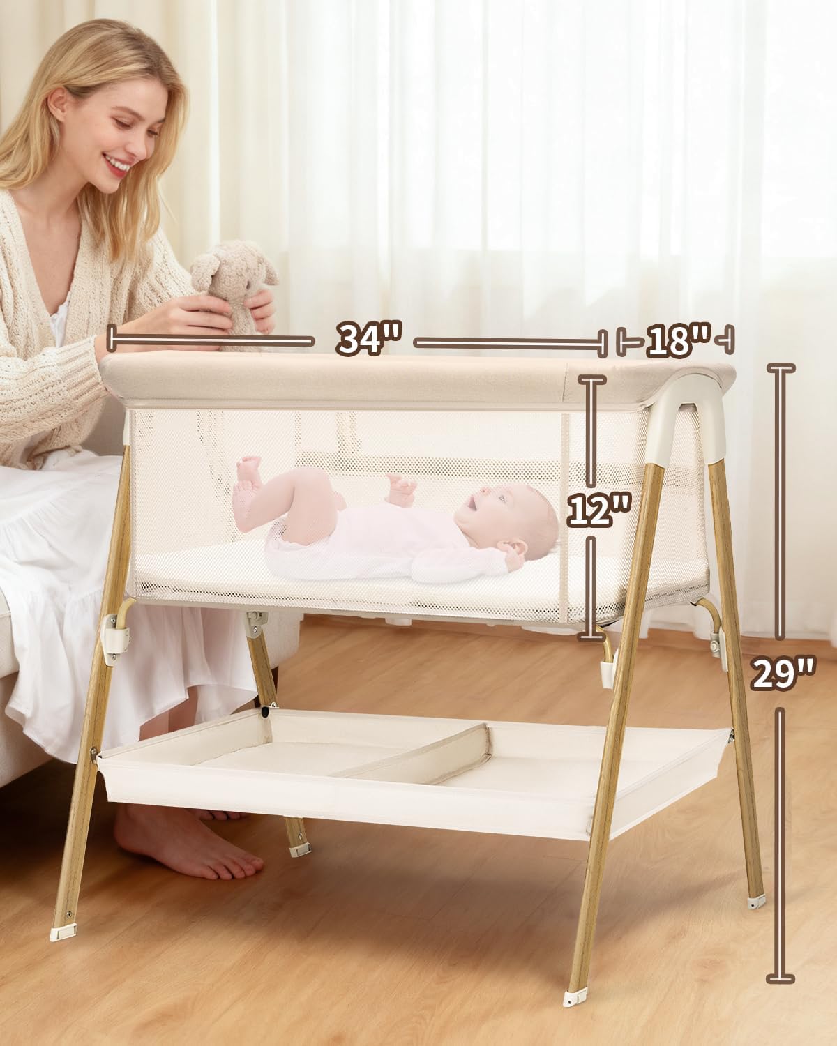 JevrJeur Baby Bassinet, Bedside Bassinet for Baby, Bassinet Bedside Sleeper with Mattress, Storage Basket and 4 Auto-Lock Wheels, Full-Mesh Sides, Bedside Mini Crib for Newborn (Beige)