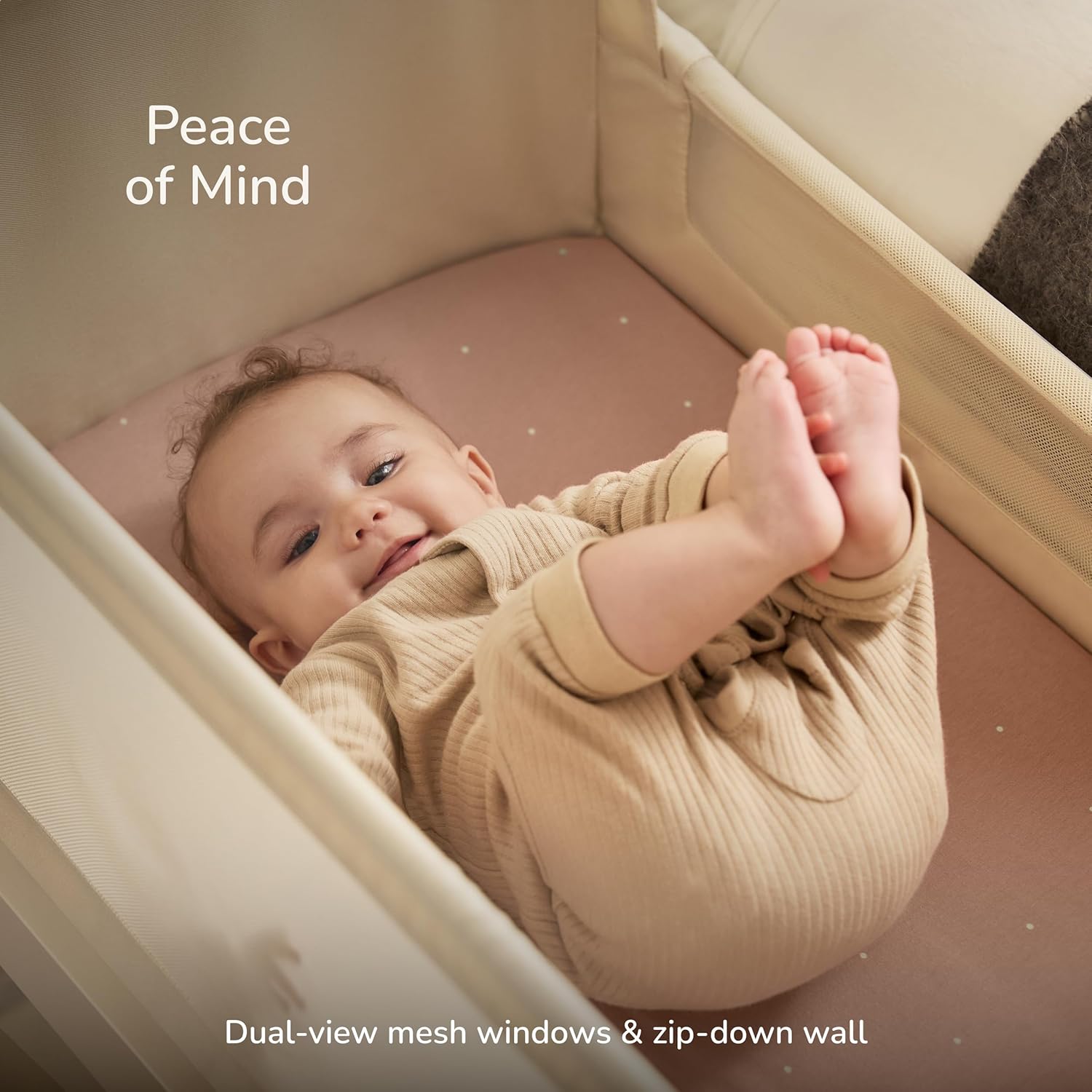 SnuzPod 5 Bedside Bassinet for Baby - Newborn Bed with Zip Down Breathable Windows, Rocking Bedside Sleeper with Lift-Off Bassinet, Portable 3-in-1 Baby Cradle with Wheels & Mattress, Cashmere