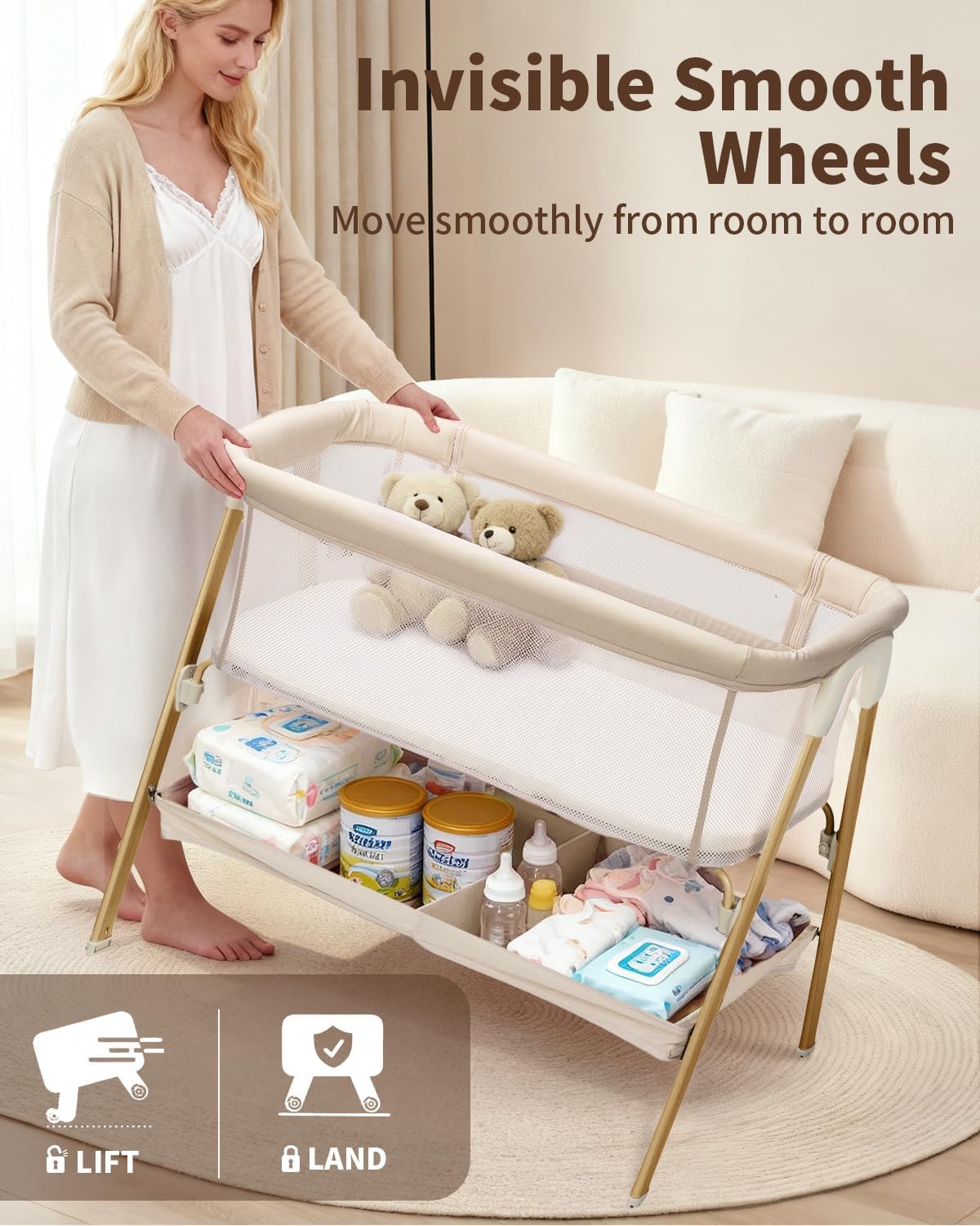 Alternative view of JevrJeur Baby Bassinet, Bedside Bassinet for Baby, Bassinet Bedside Sleeper with Mattress, Storage Basket and 4 Auto-Lock Wheels, Full-Mesh Sides, Bedside Mini Crib for Newborn (Beige)