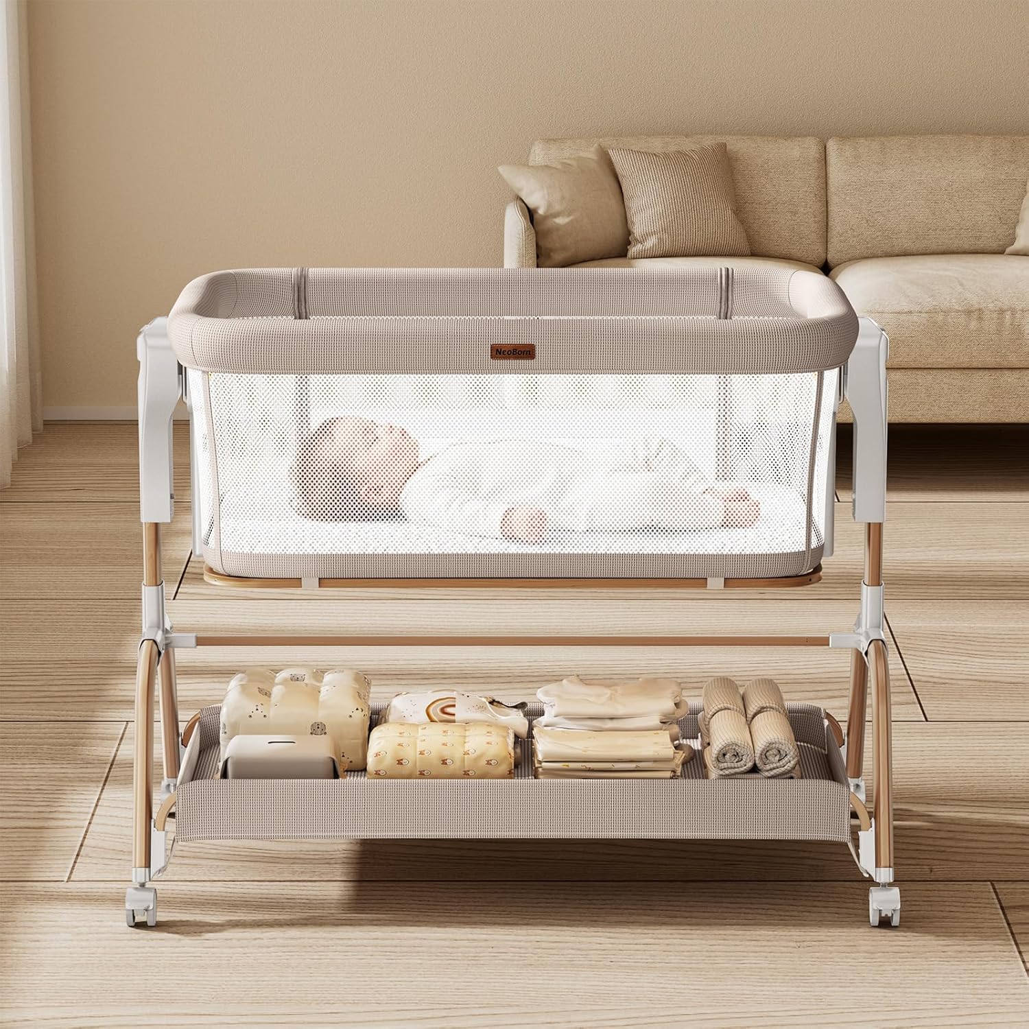 NeoBorn 3 in 1 Baby Bassinet, Bedside Bassinet for Baby, Rocking Bassinet with Breathable Full-Mesh, Mattress and Soft Sheet, Adjustable Height, Stable and Secure Crib for Newborns