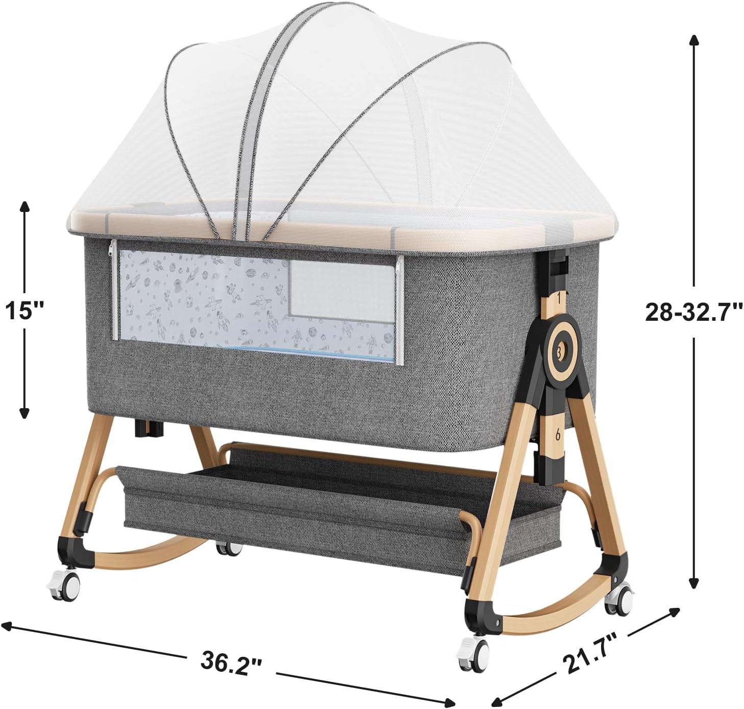 whiffee 3 in 1 Baby Bassinet,Bedside Sleeper with Storage Basket and Wheels,Portable Baby Crib with Mosquito Net, 6 Adjustable Height & Breathable Mesh,Easy to Fold (Brown&Black)