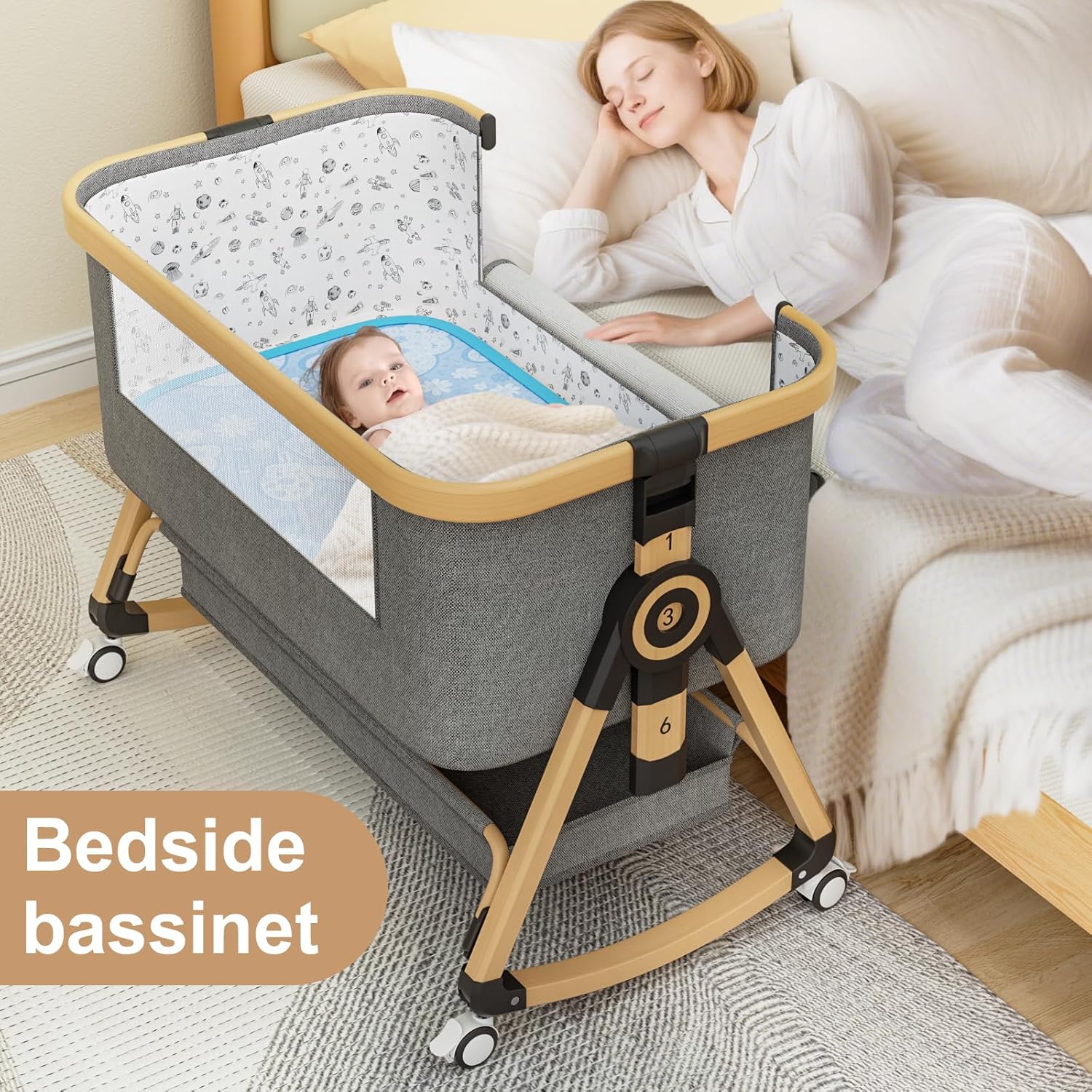 Alternative view of whiffee 3 in 1 Baby Bassinet,Bedside Sleeper with Storage Basket and Wheels,Portable Baby Crib with Mosquito Net, 6 Adjustable Height & Breathable Mesh,Easy to Fold (Brown&Black)