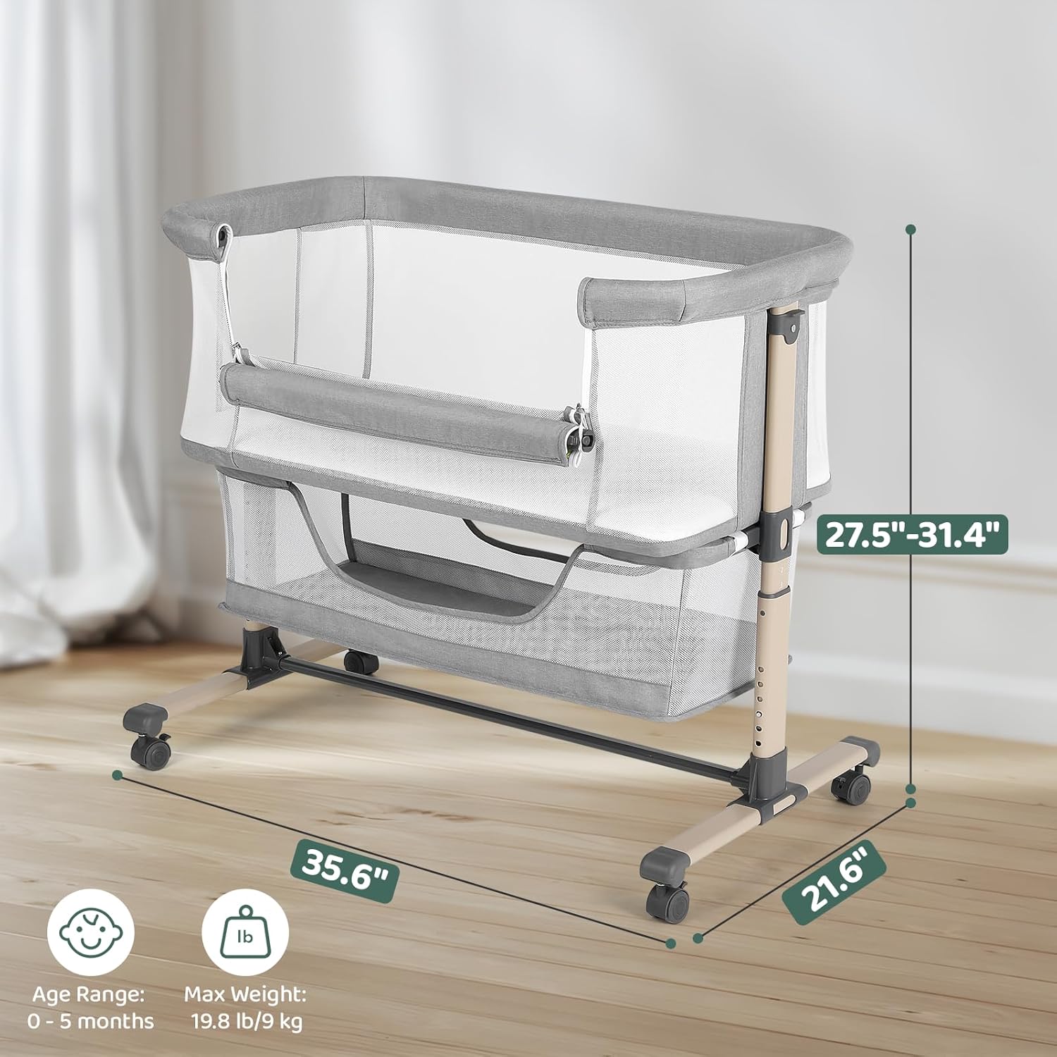 Alternative view of Cowiewie Bassinet Bedside Sleeper, Portable, Breathable, Adjustable Baby Bedside Bassinet for Peaceful Nights, Light Grey