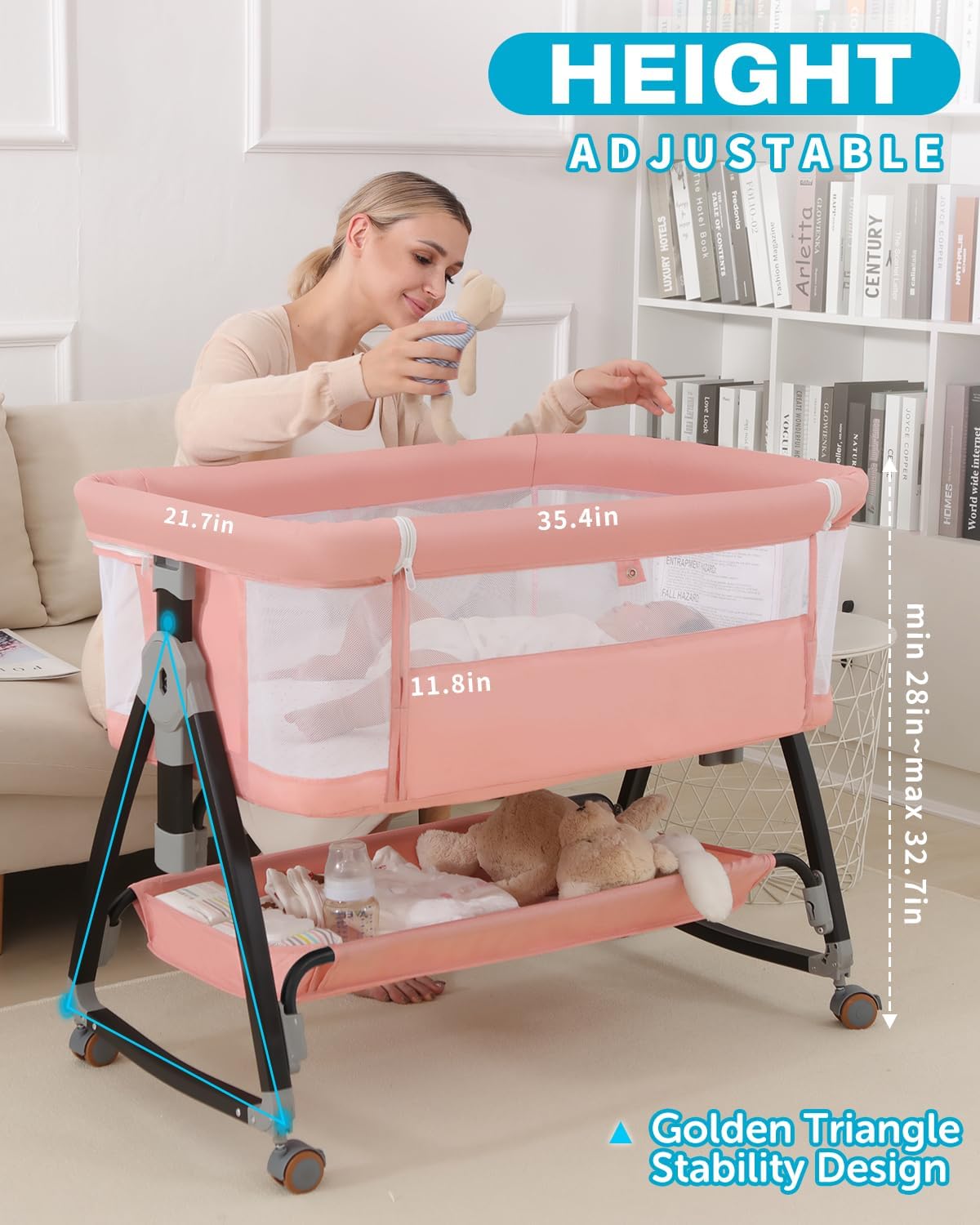 Bedside Bassinet for Baby, 3 in 1 Breathable Mesh Baby Bassinet, 6 Height Adjustable, Easy to Assemble, Bassinet Bedside Sleeper with Wheels, Mosquito Net, Storage Basket, Bassinets for Newborn Baby | Multi-functional
